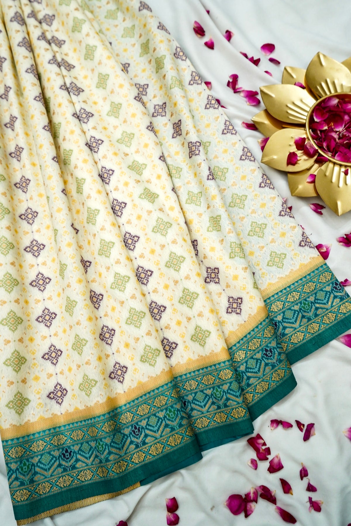 Soft Dupion Silk Ivory Patola Saree with Teal Border