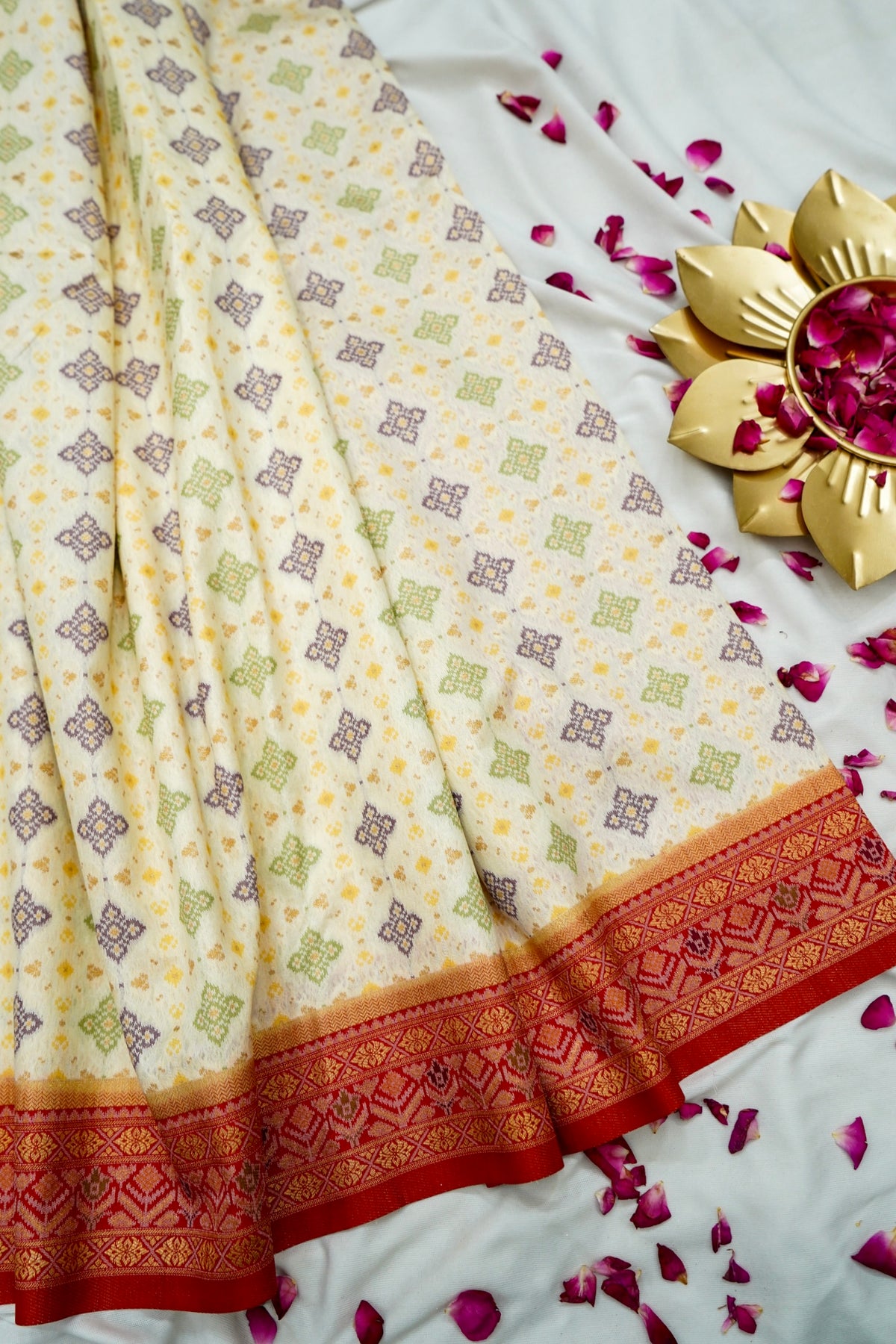 Soft Dupion Silk Ivory Patola Saree with Red Border