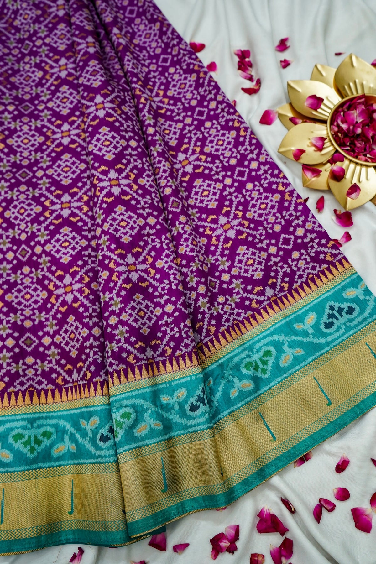 Purple Dupion Silk Patola Saree with Contrast Blue Border