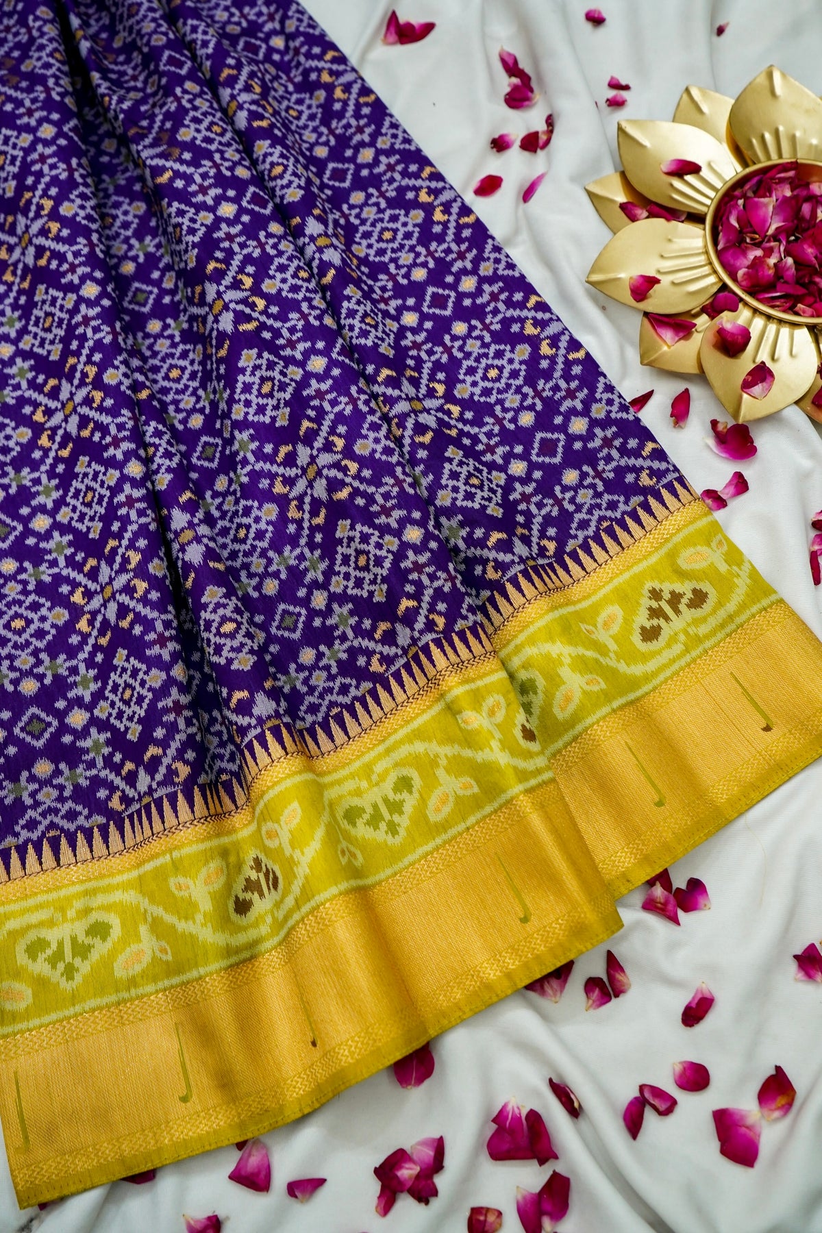 Purple Dupion Silk Patola Saree with Contrast Lime Border