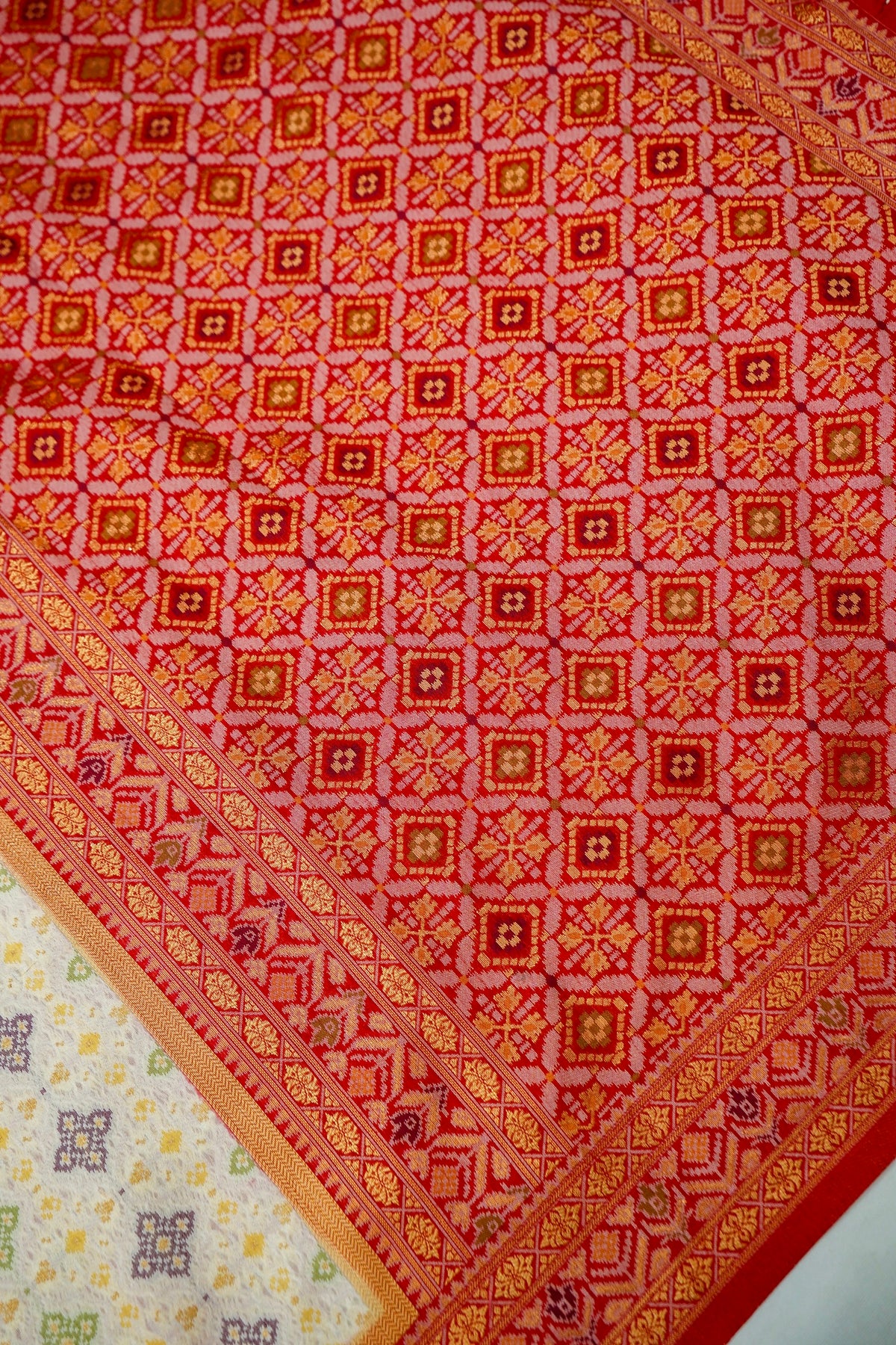 Soft Dupion Silk Ivory Patola Saree with Red Border