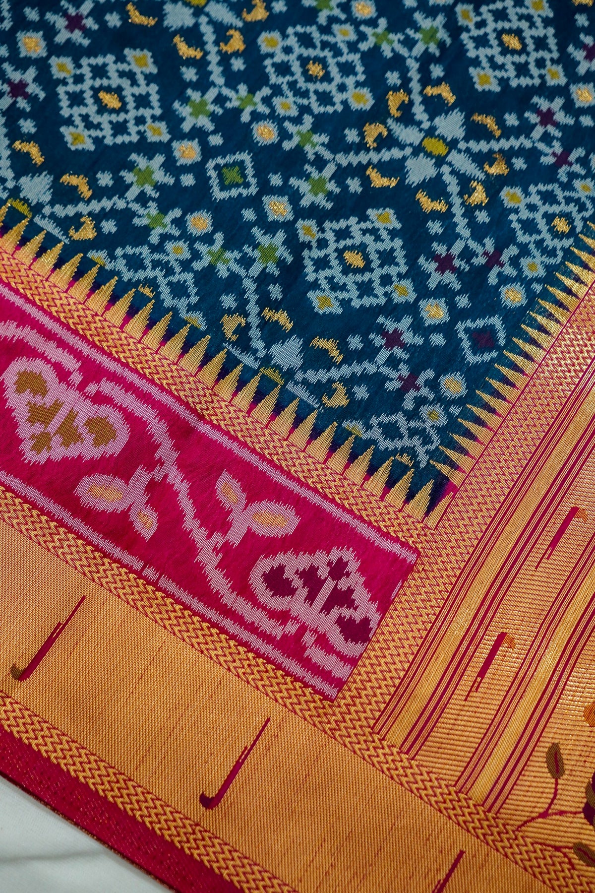 Navy Blue Dupion Silk Patola Saree with Contrast Magenta Border