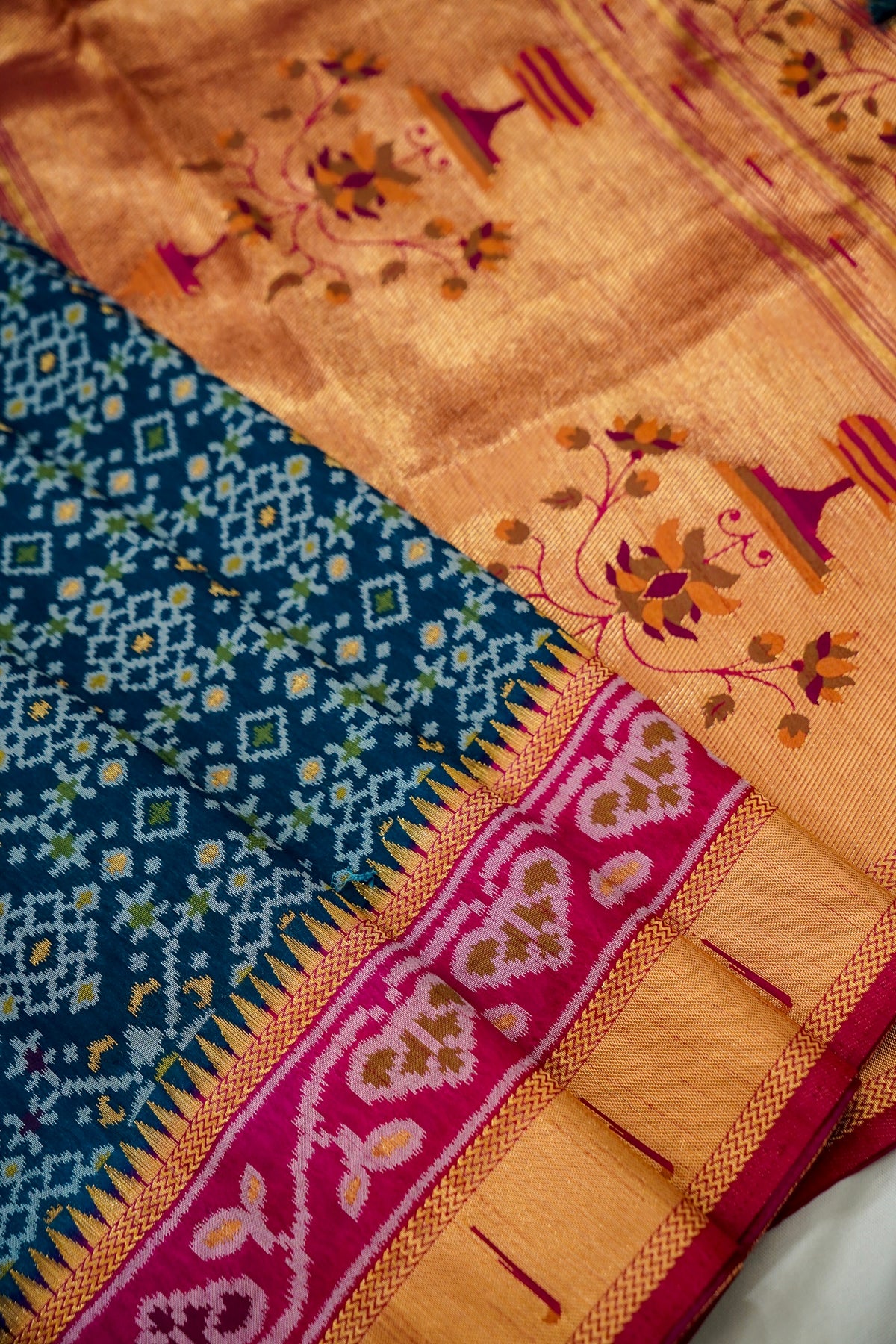 Navy Blue Dupion Silk Patola Saree with Contrast Magenta Border
