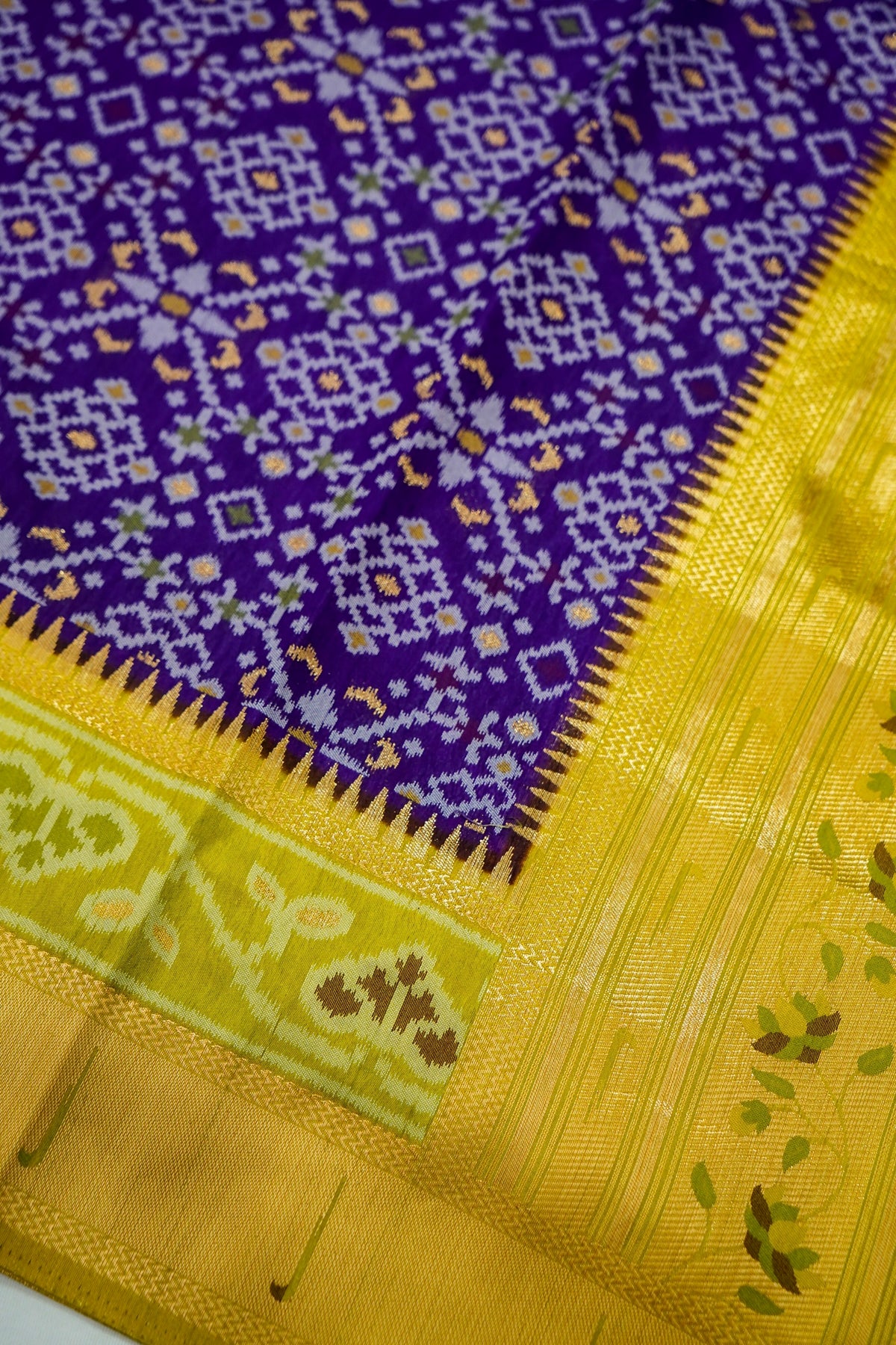 Purple Dupion Silk Patola Saree with Contrast Lime Border