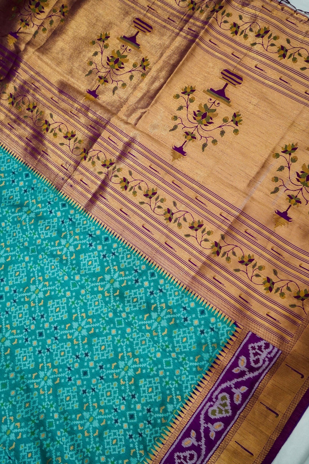 Turquoise Dupion Silk Patola Saree with Contrast Purple Border