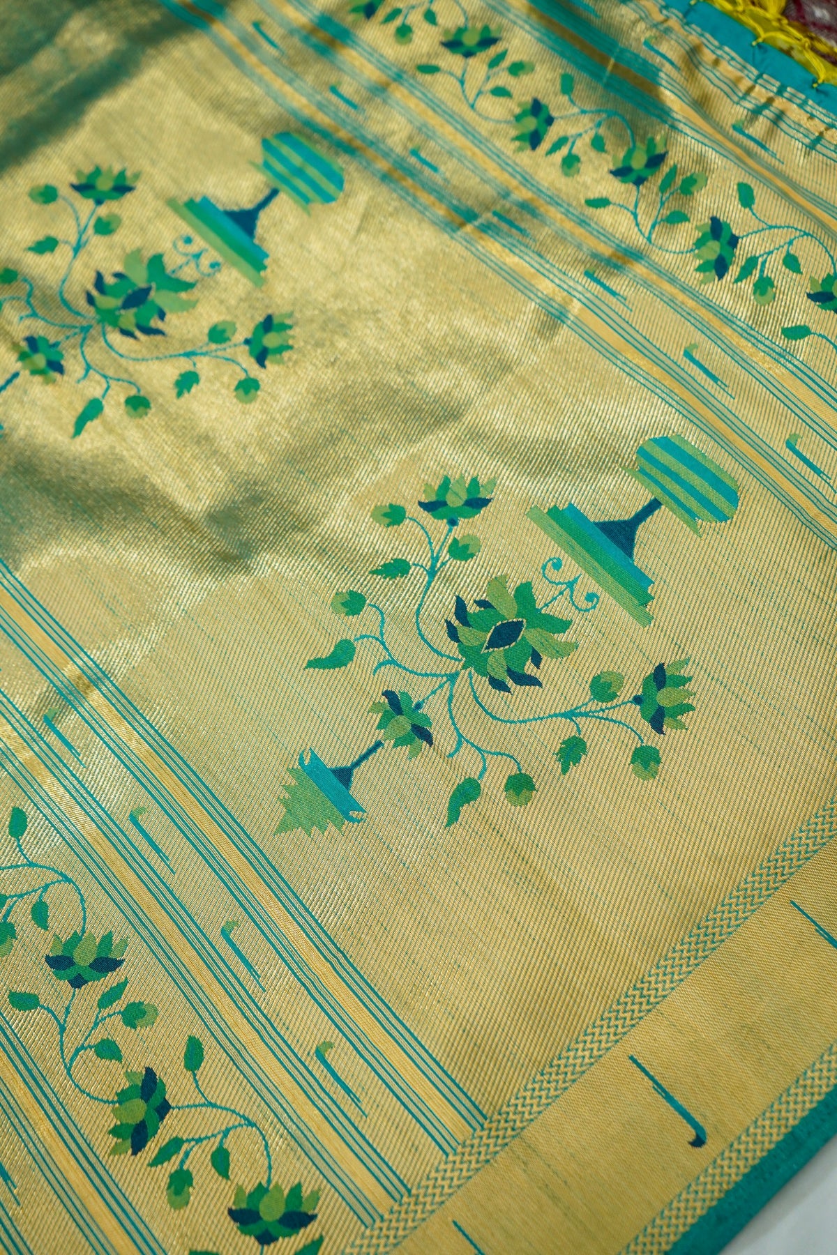 Lime Dupion Silk Patola Saree with Contrast Turquoise Border