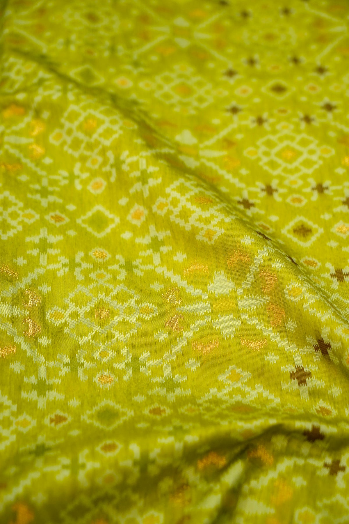 Lime Dupion Silk Patola Saree with Contrast Turquoise Border