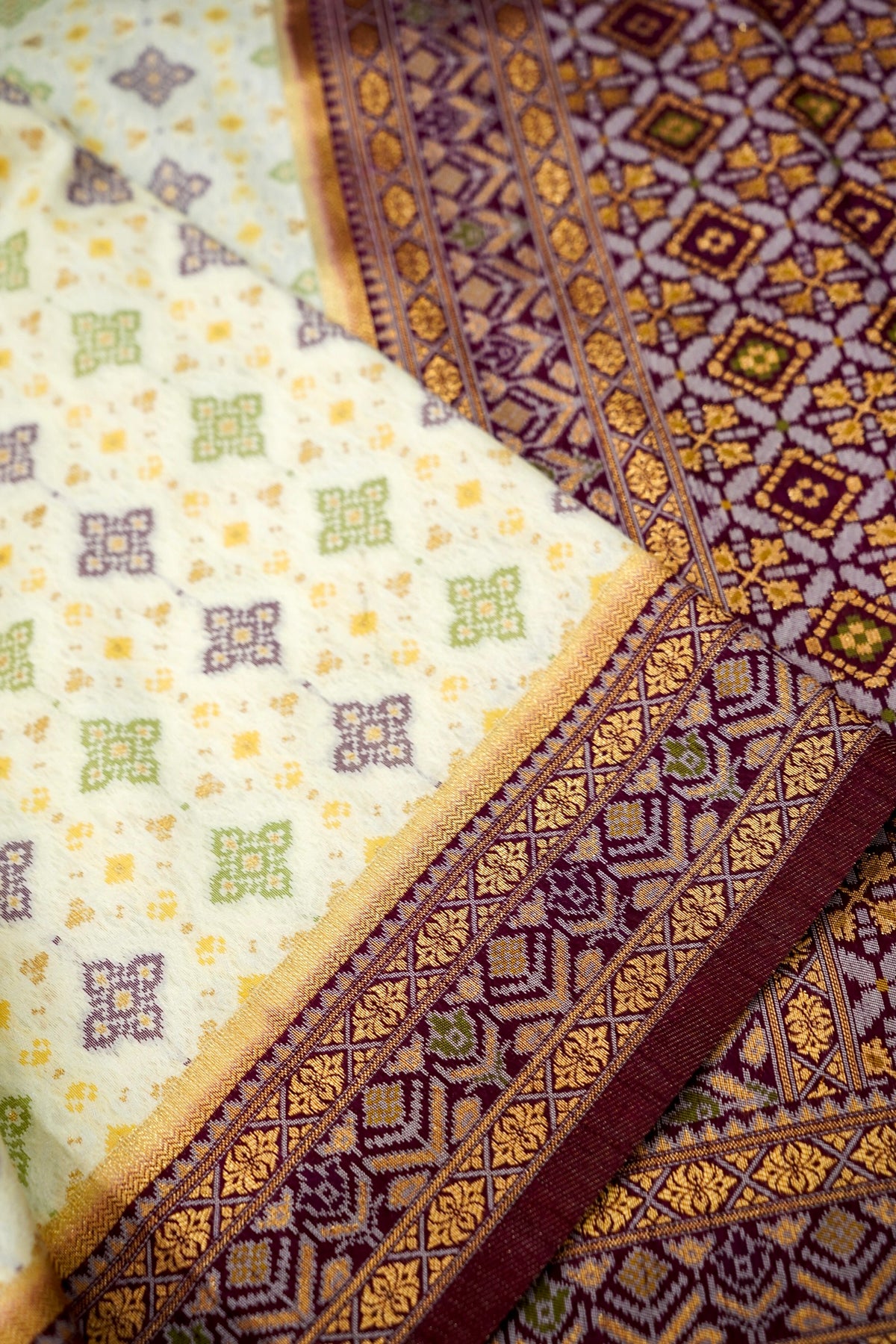 Soft Dupion Silk Ivory Patola Saree with Plum Border