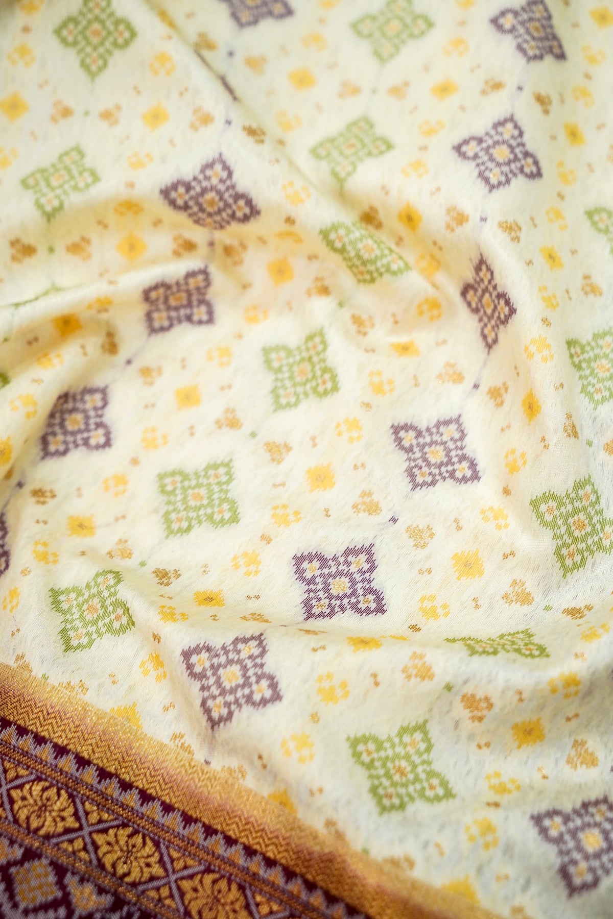 Soft Dupion Silk Ivory Patola Saree with Plum Border