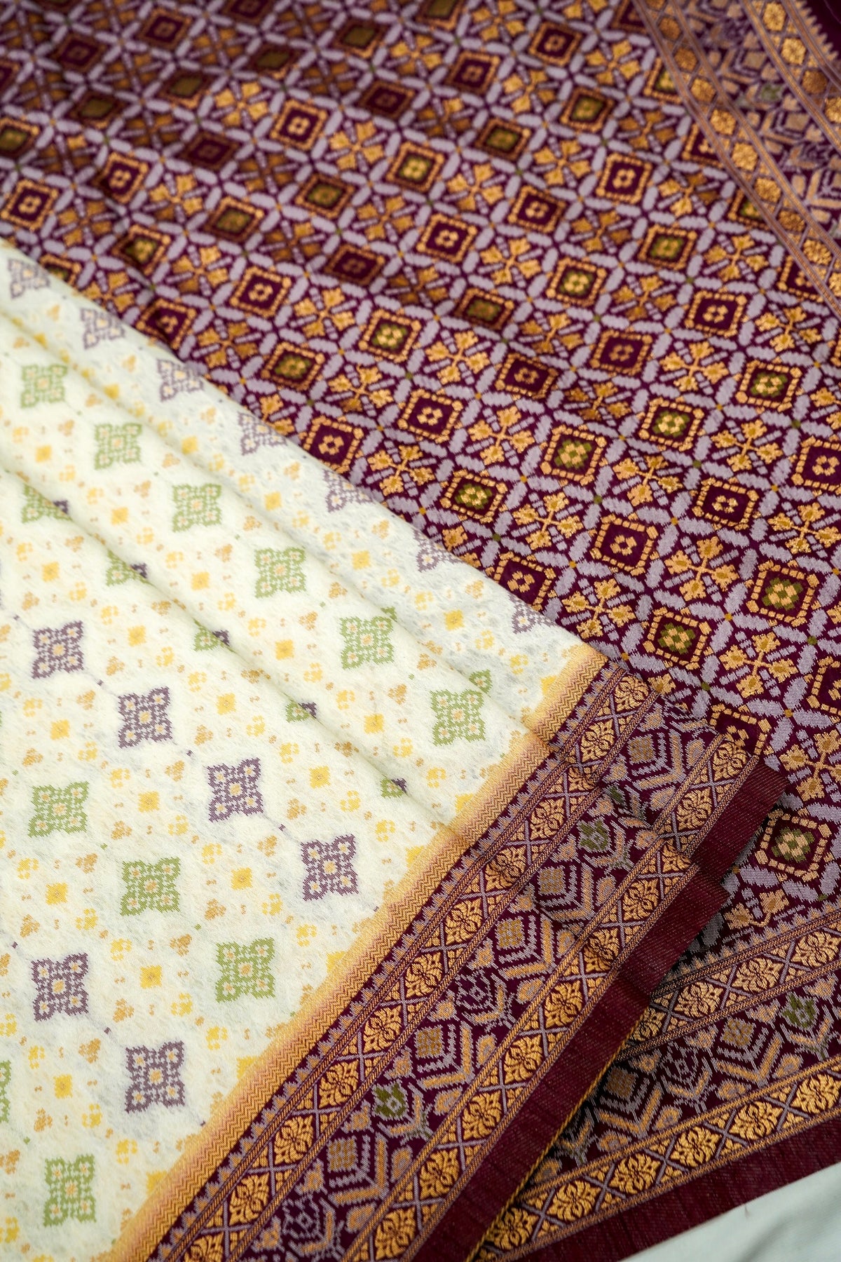 Soft Dupion Silk Ivory Patola Saree with Plum Border