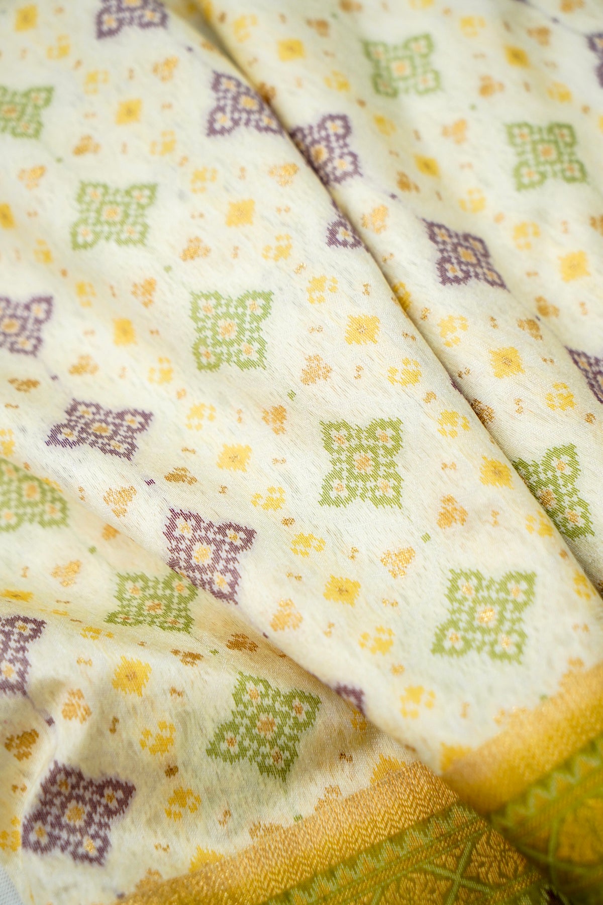 Soft Dupion Silk Ivory Patola Saree with Olive Green Border