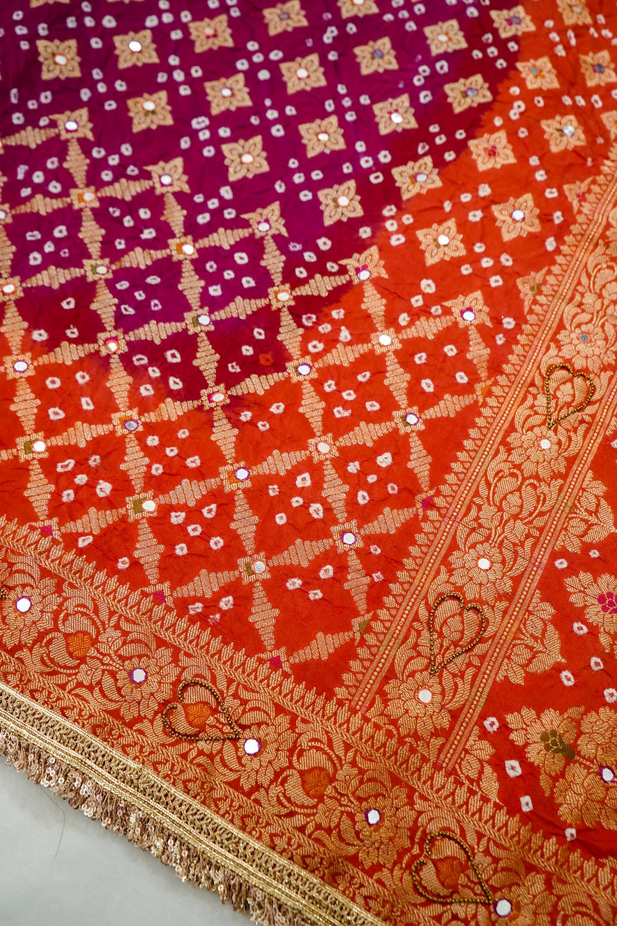 Dual Shade - Purple and Orange Bandhani Dupion Silk Saree