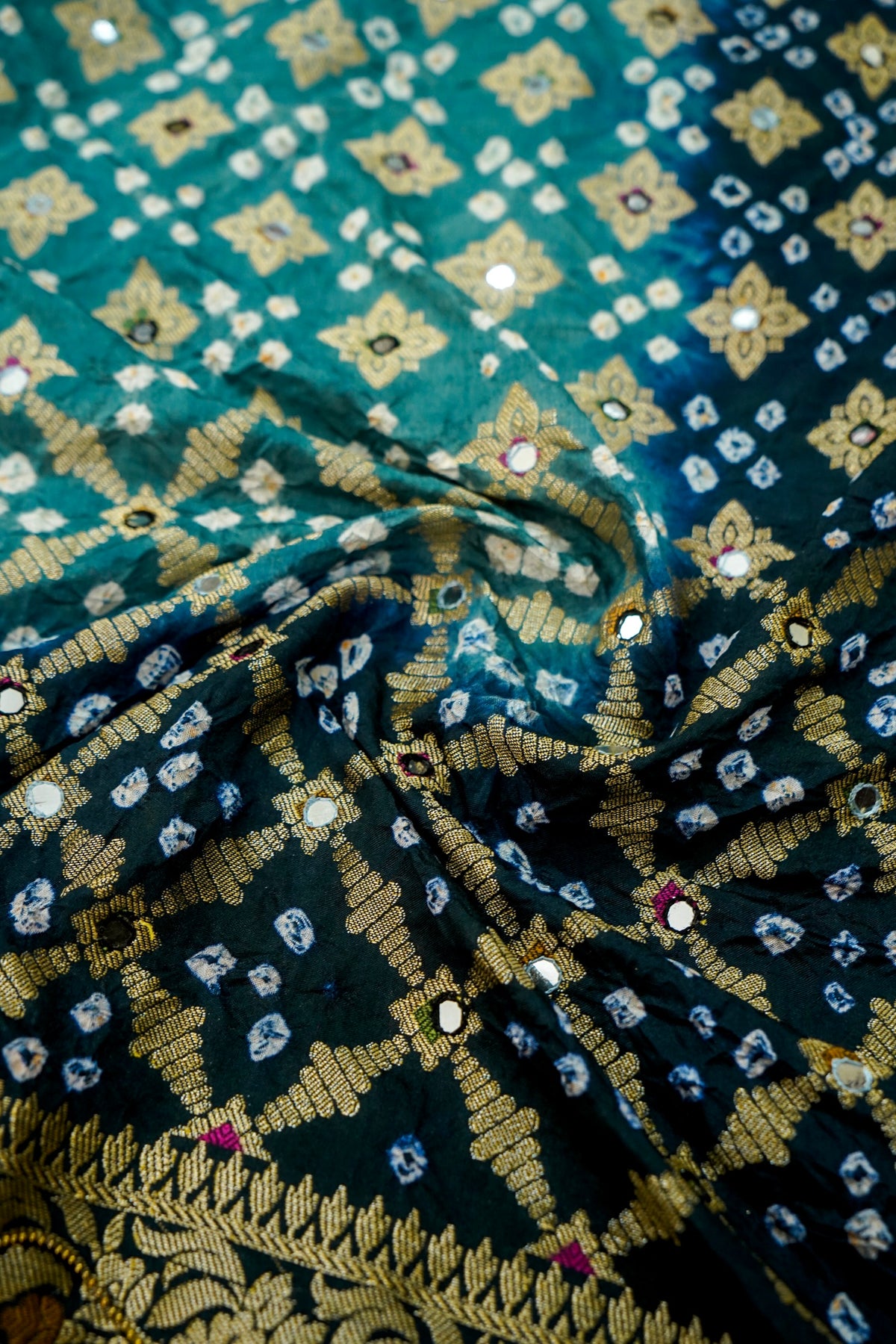Dual Shade - Teal and Navy Blue Bandhani Dupion Silk Saree