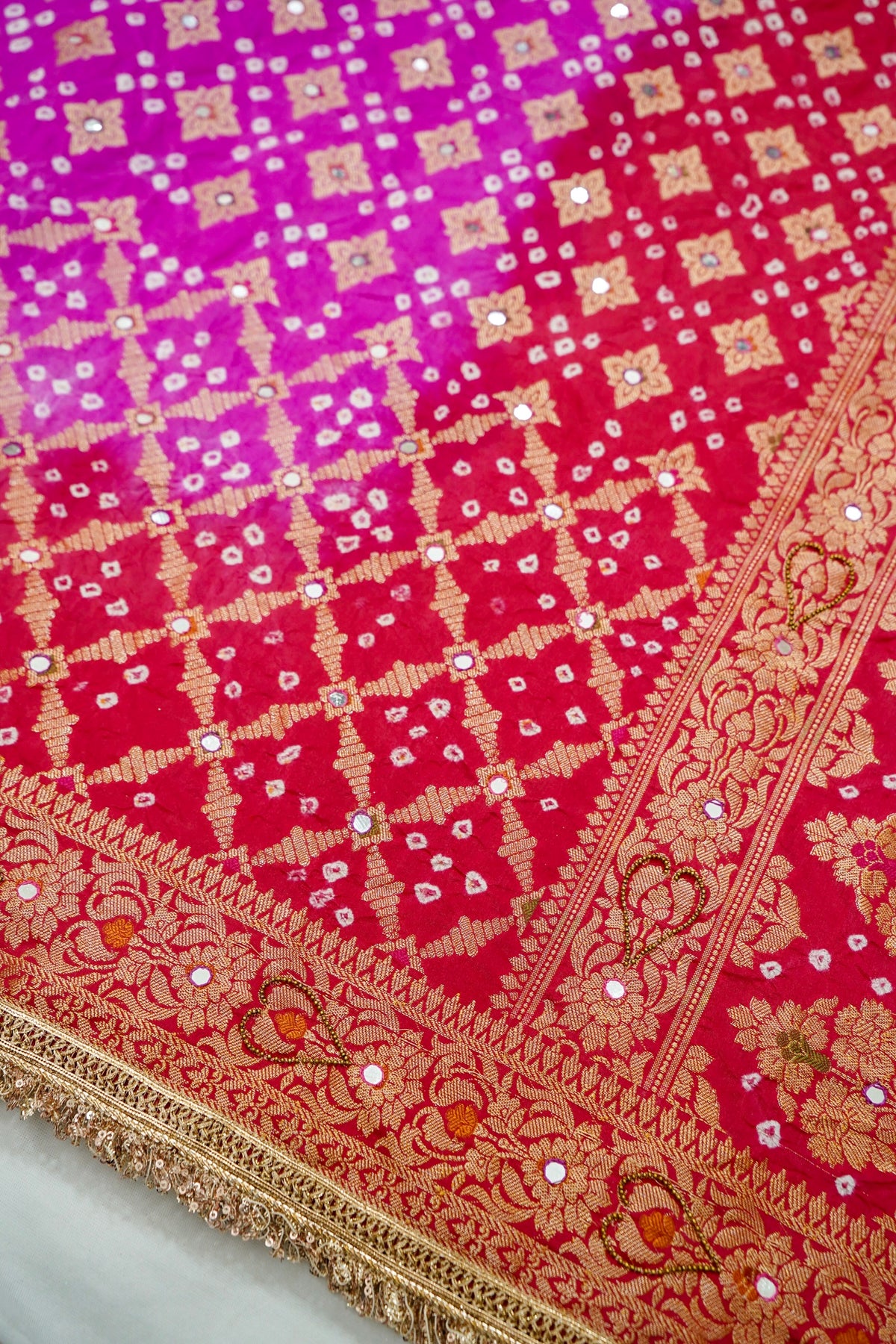 Dual Shade - Rani Pink and Red Bandhani Dupion Silk Saree