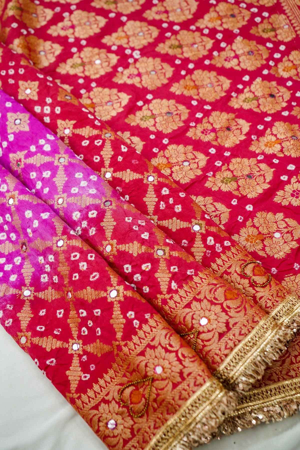 Dual Shade - Rani Pink and Red Bandhani Dupion Silk Saree