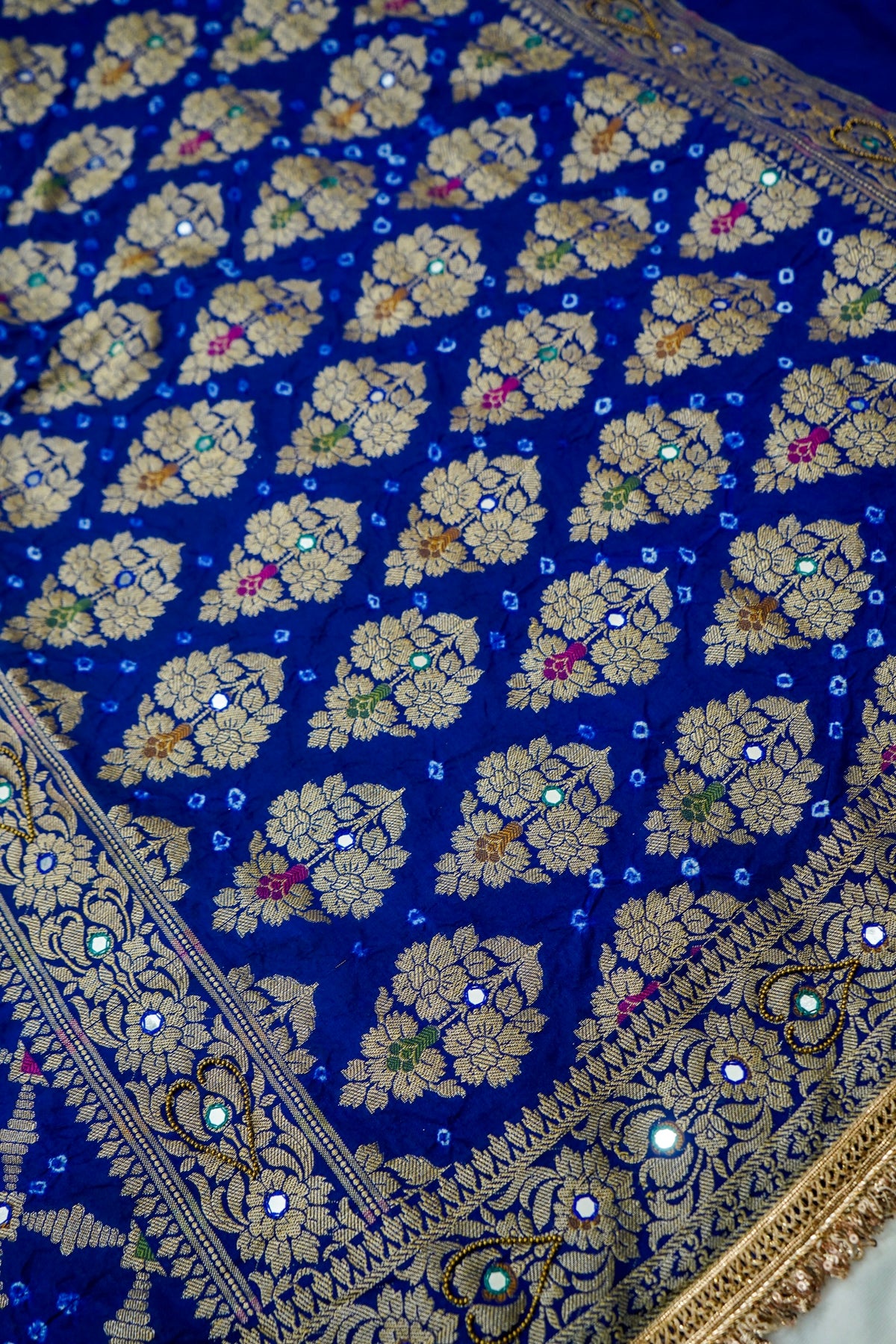 Dual Shade - Turquoise and Royal Blue Bandhani Dupion Silk Saree