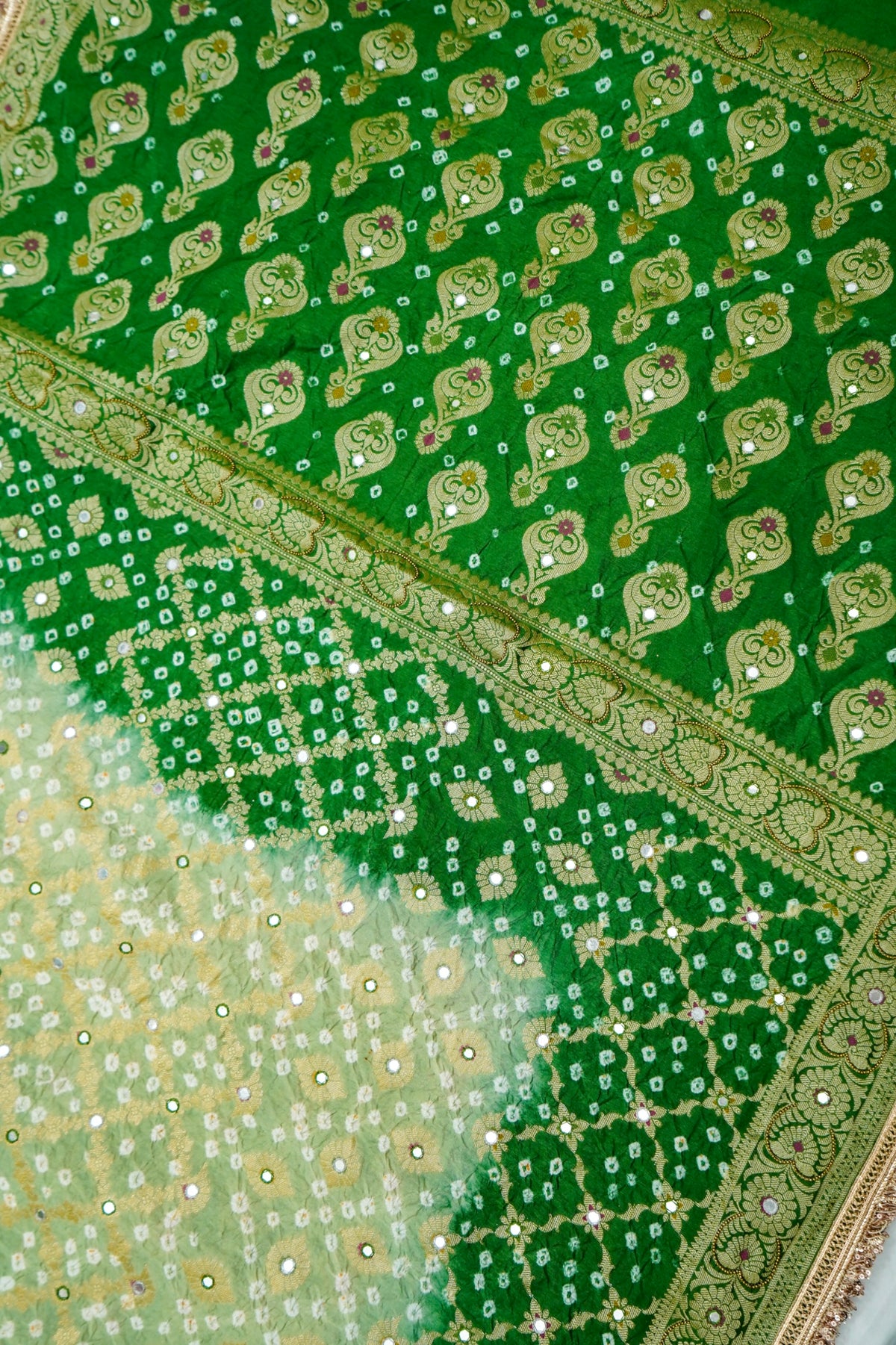 Dual-Tone Paisley Motif Mint and Emerald Green Bandhani Dupion Silk Saree