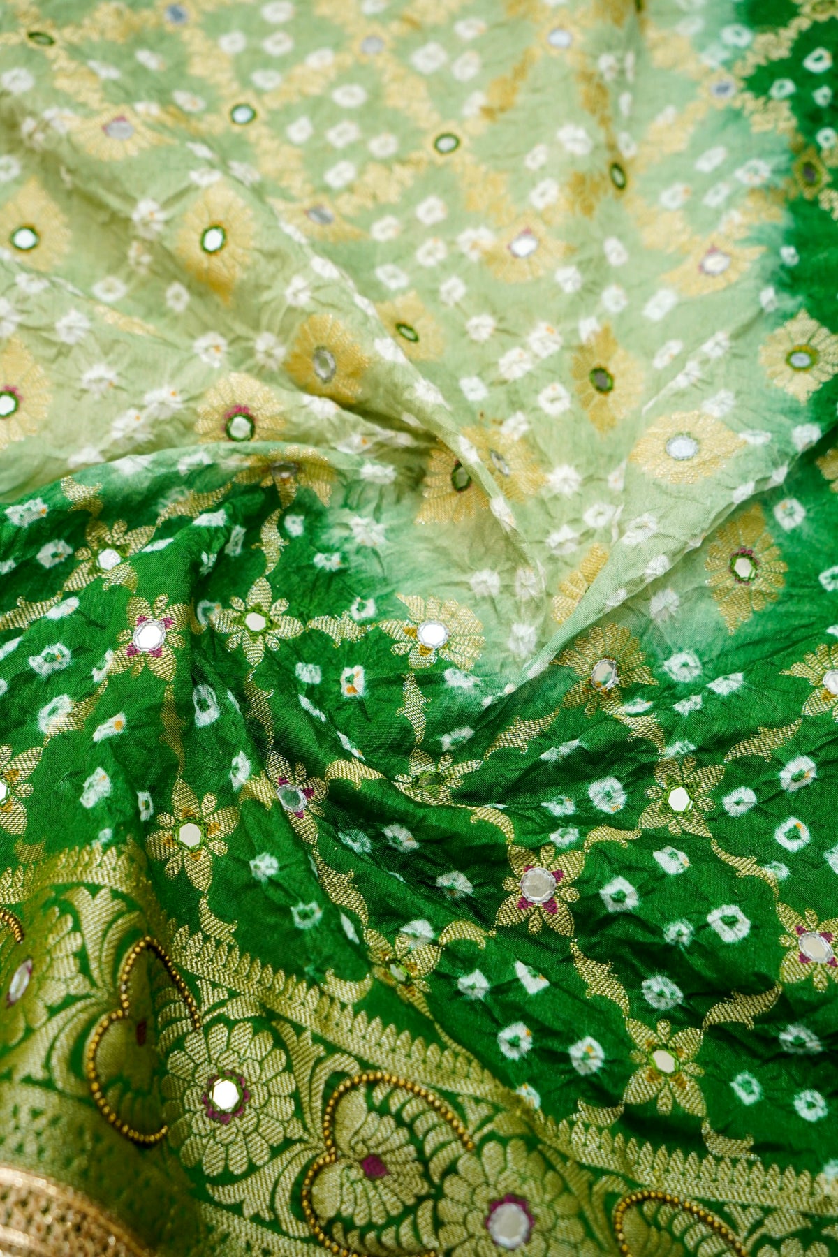 Dual-Tone Paisley Motif Mint and Emerald Green Bandhani Dupion Silk Saree