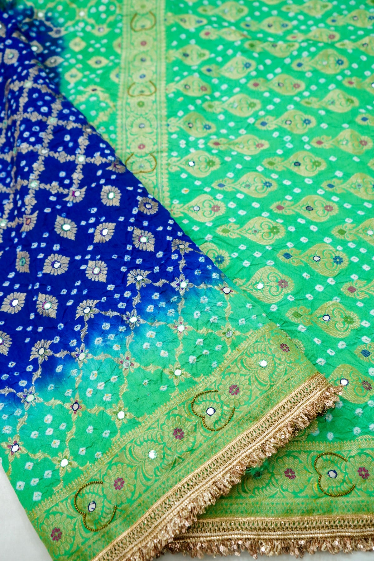 Dual-Tone Paisley Motif Royal Blue and Emerald Green Bandhani Dupion Silk Saree