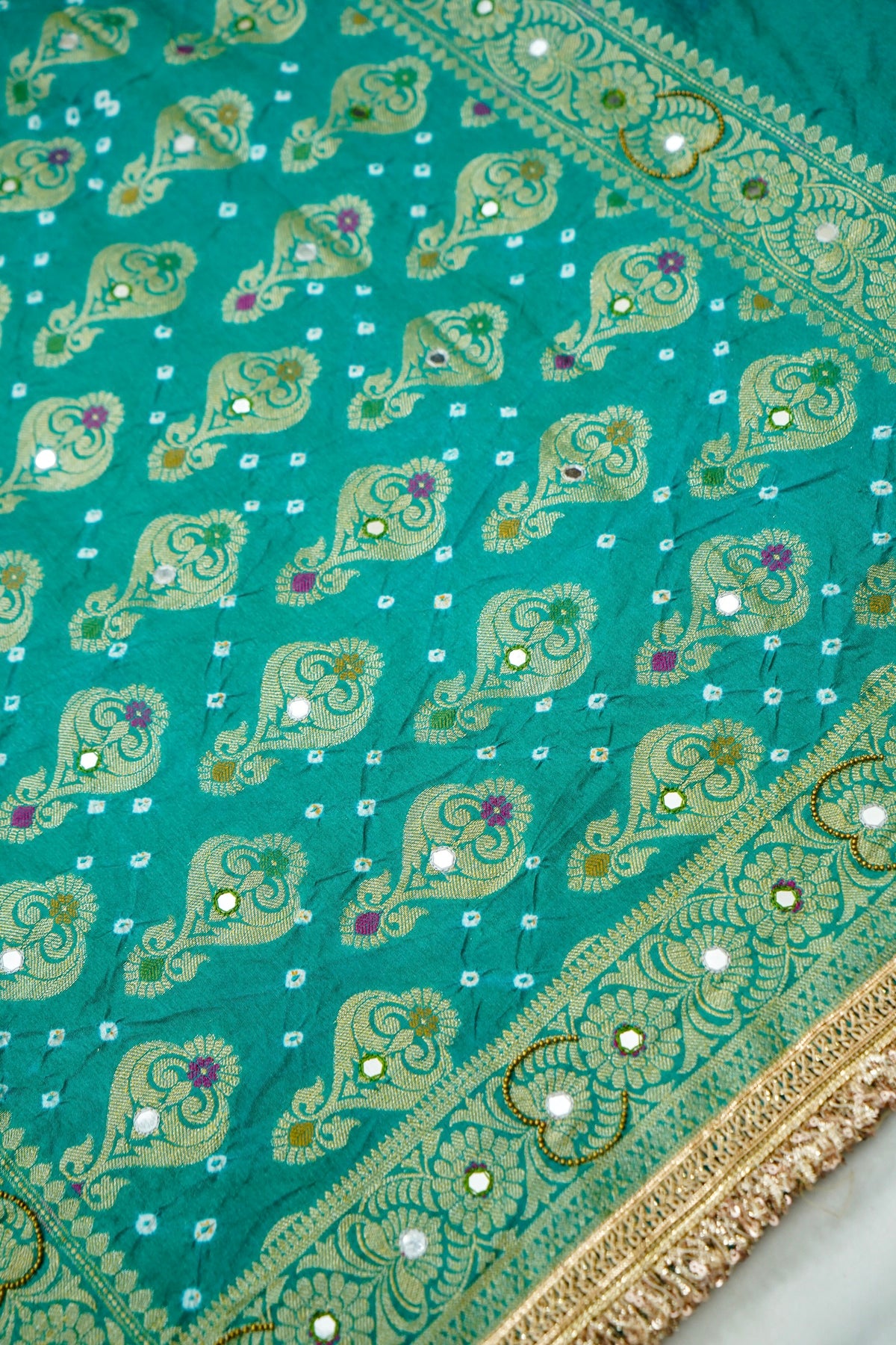 Dual-Tone Paisley Motif Sky Blue and Teal Green Bandhani Dupion Silk Saree