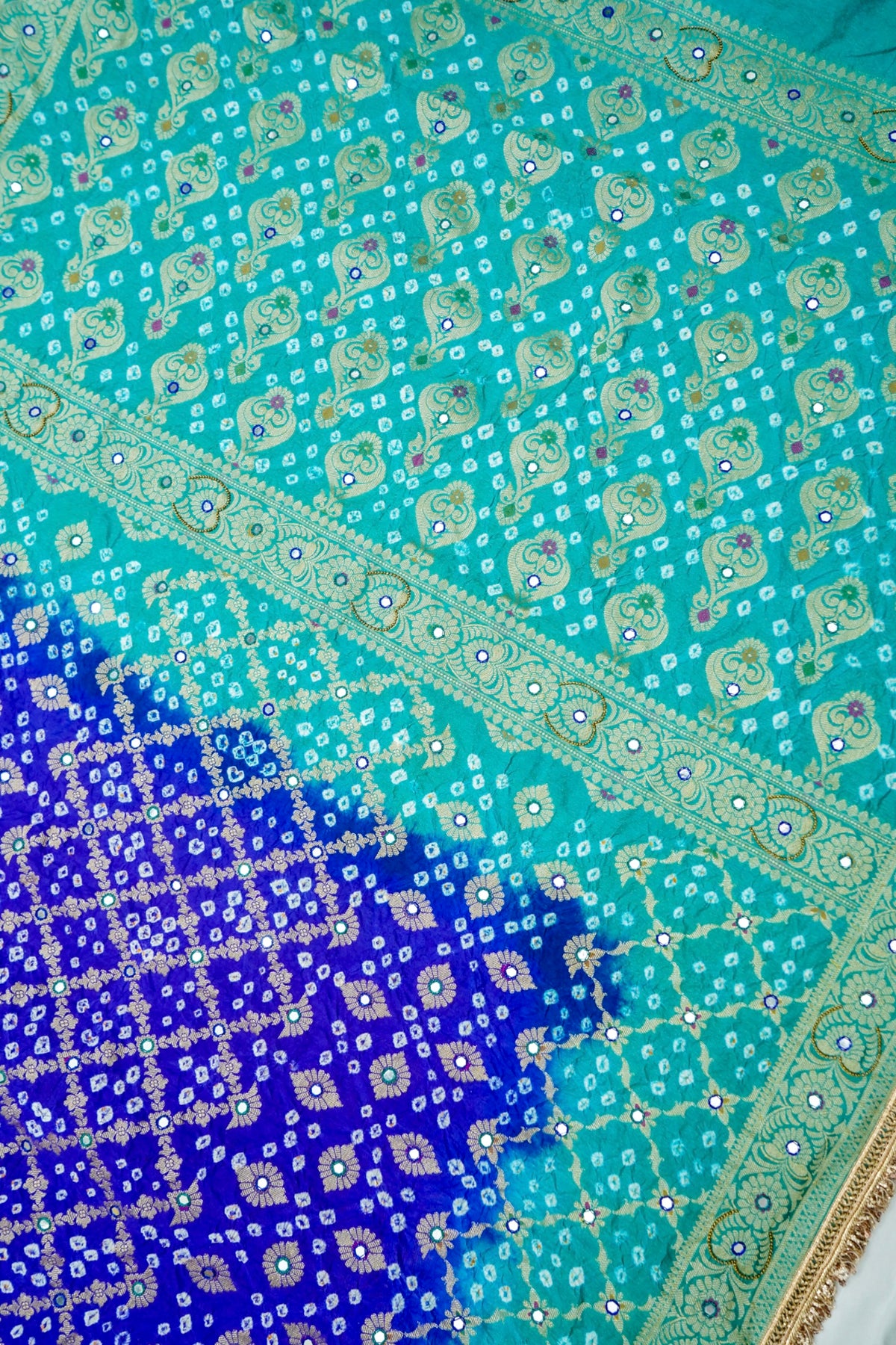 Dual-Tone Paisley Motif Royal Blue and Teal Green Bandhani Dupion Silk Saree