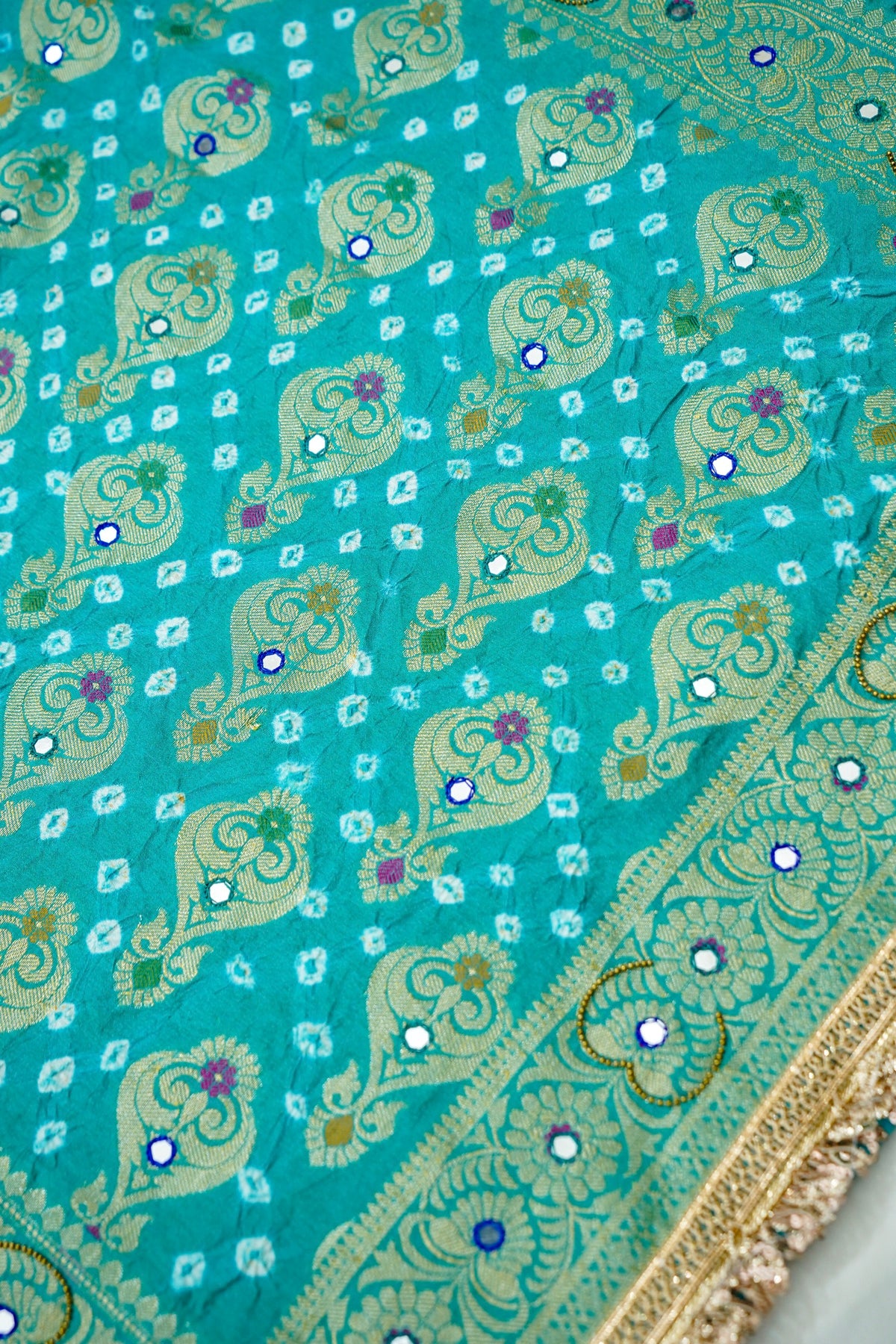 Dual-Tone Paisley Motif Royal Blue and Teal Green Bandhani Dupion Silk Saree