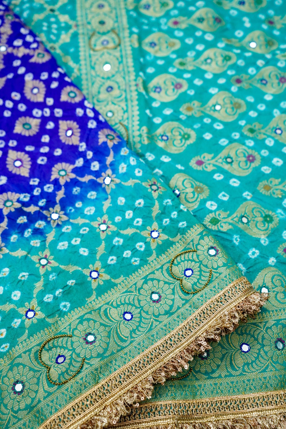 Dual-Tone Paisley Motif Royal Blue and Teal Green Bandhani Dupion Silk Saree