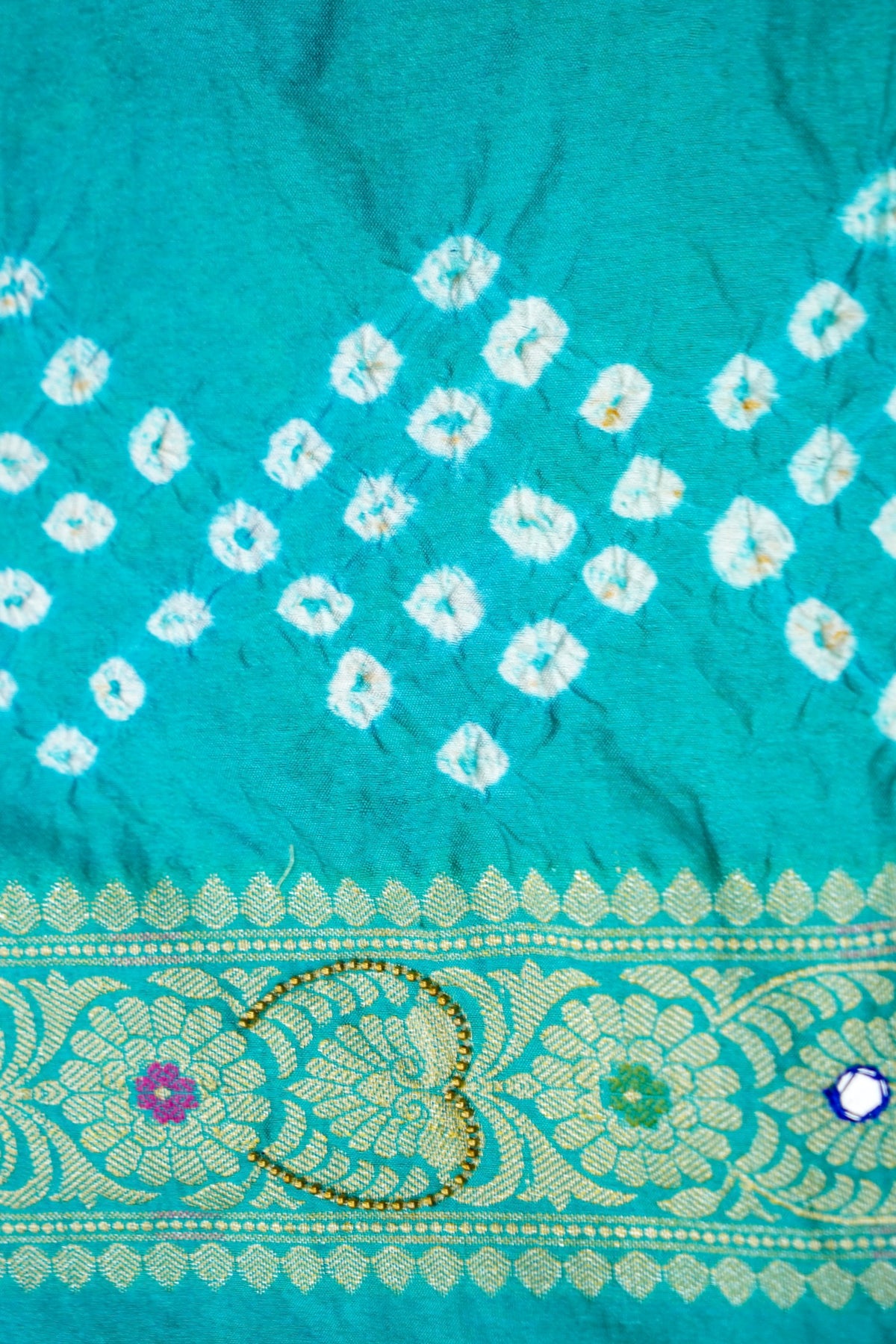 Dual-Tone Paisley Motif Royal Blue and Teal Green Bandhani Dupion Silk Saree