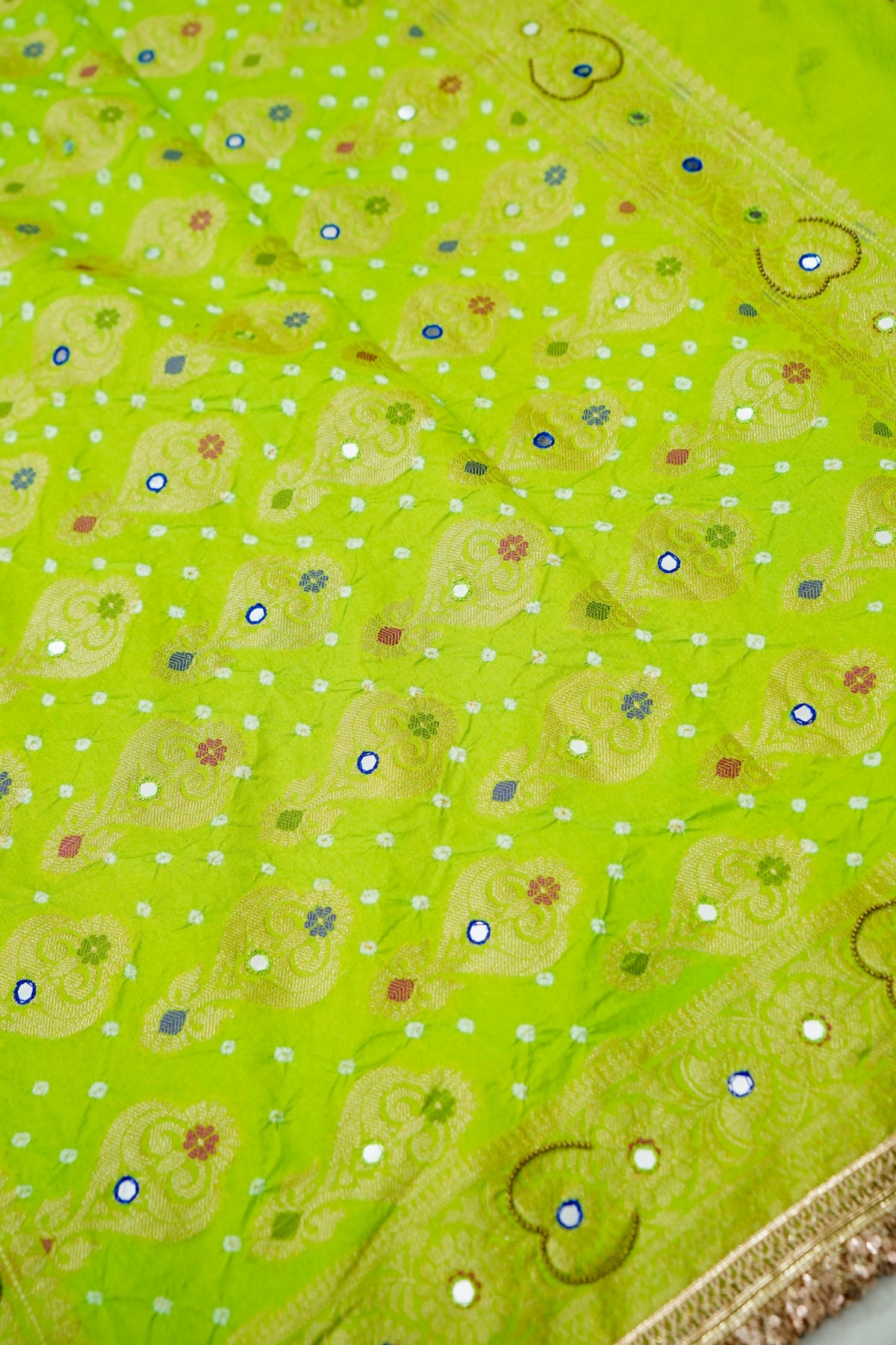 Dual-Tone Paisley Motif Royal Blue and Green Bandhani Dupion Silk Saree