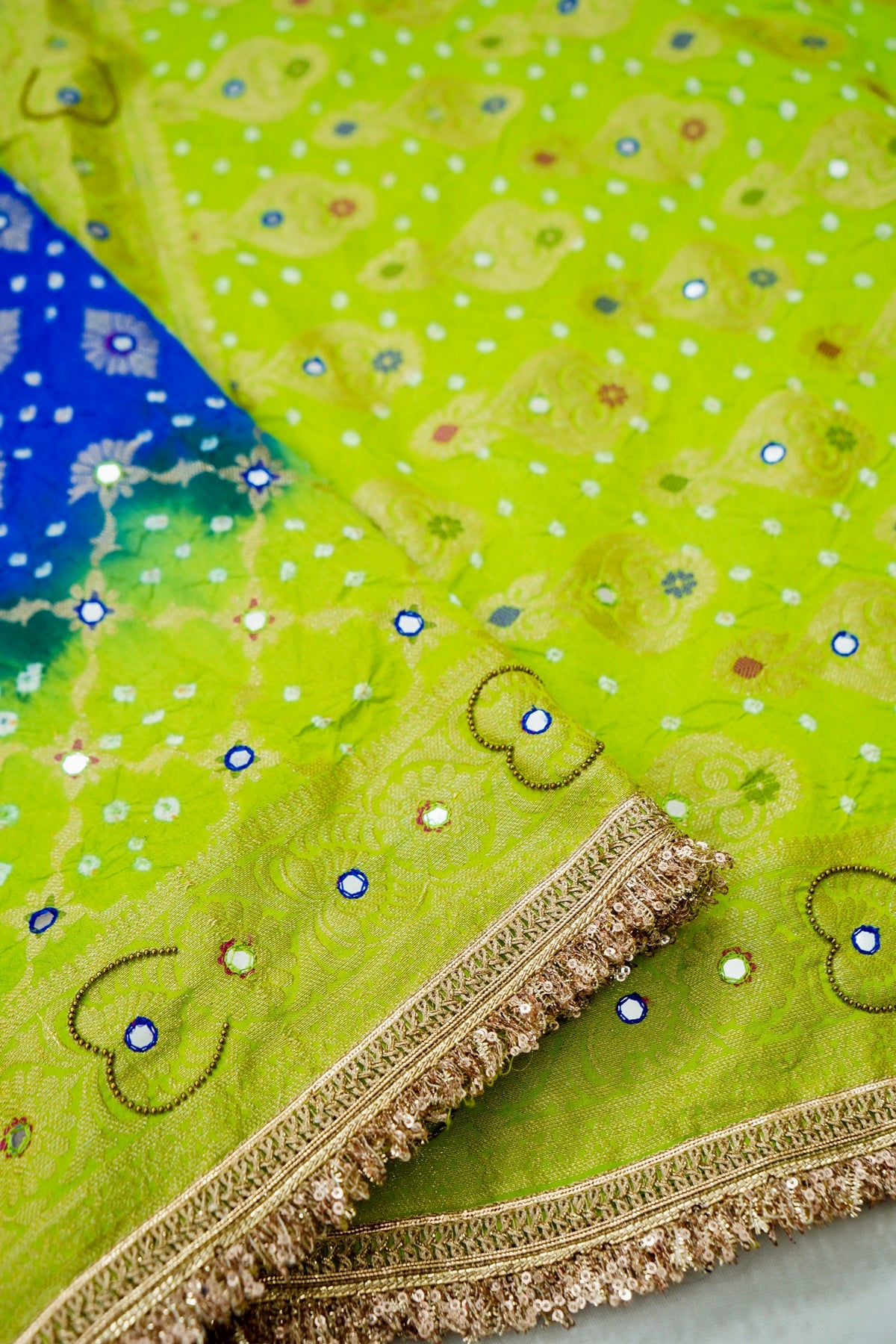 Dual-Tone Paisley Motif Royal Blue and Green Bandhani Dupion Silk Saree