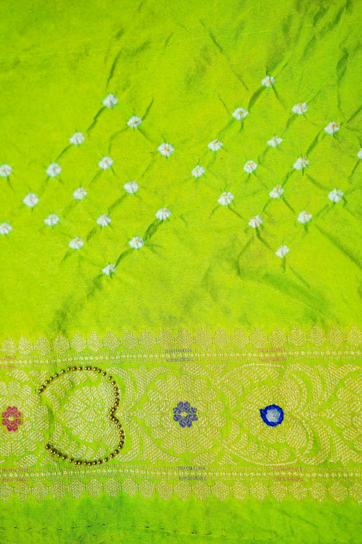 Dual-Tone Paisley Motif Royal Blue and Green Bandhani Dupion Silk Saree