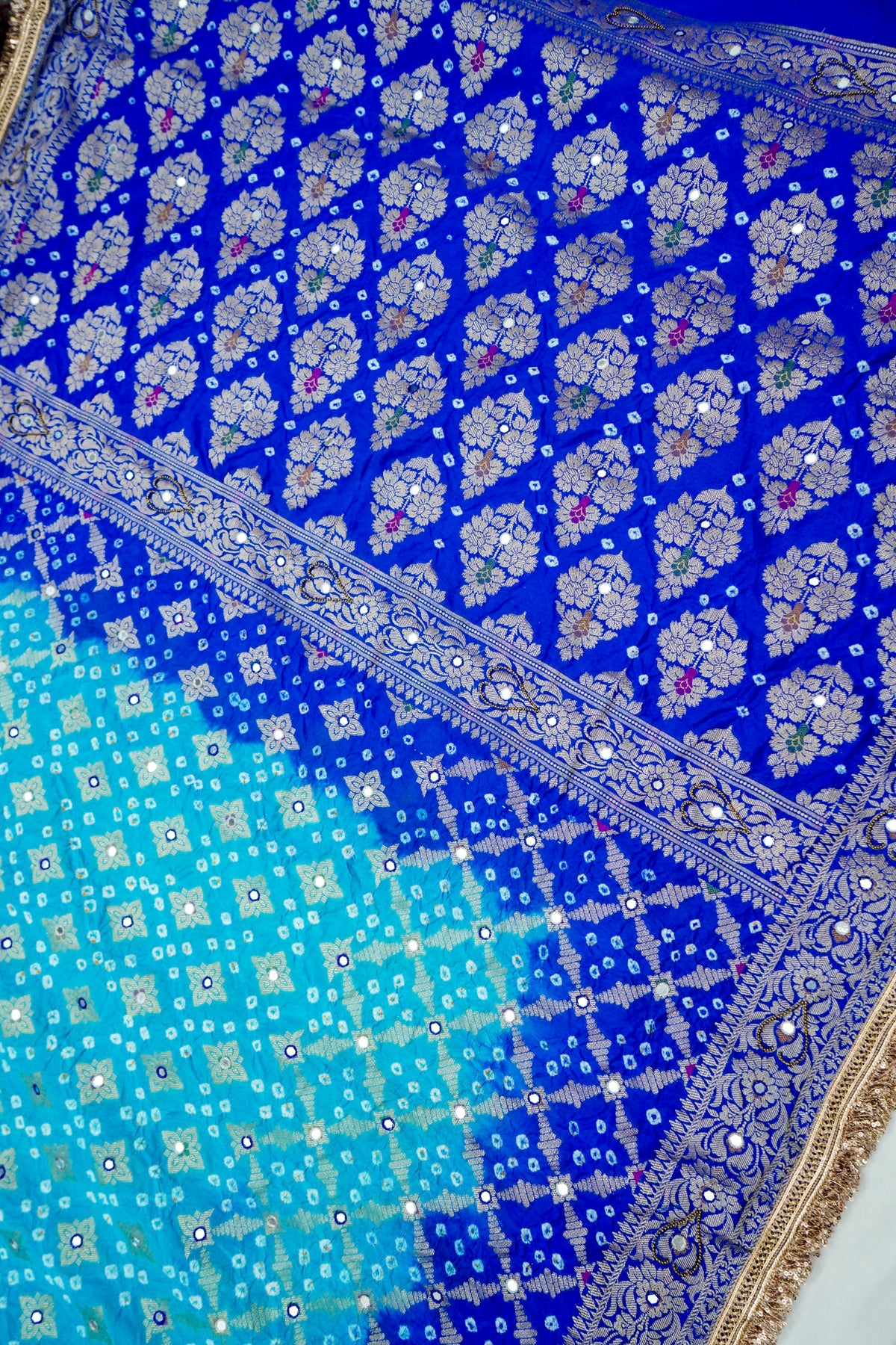 Dual Shade - Sky Blue and Royal Blue Bandhani Dupion Silk Saree