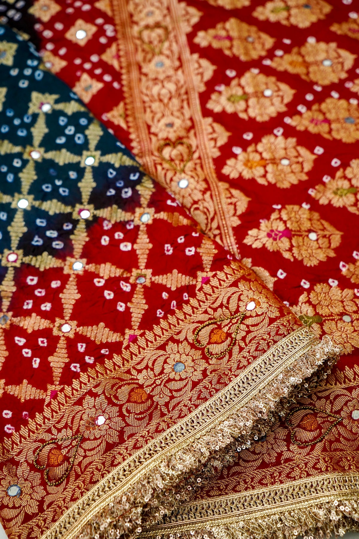 Dual Shade - Navy Blue and Crimson Red Bandhani Dupion Silk Saree