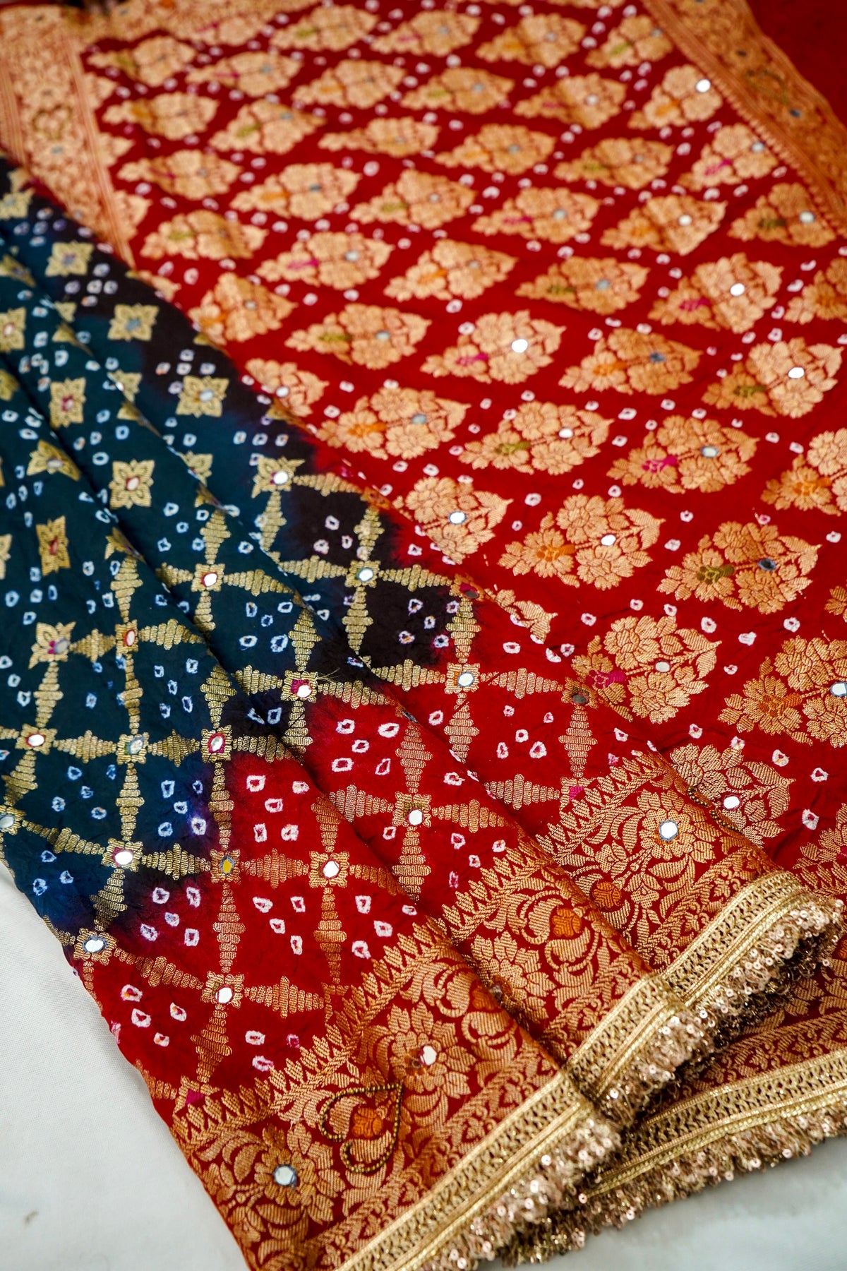 Dual Shade - Navy Blue and Crimson Red Bandhani Dupion Silk Saree