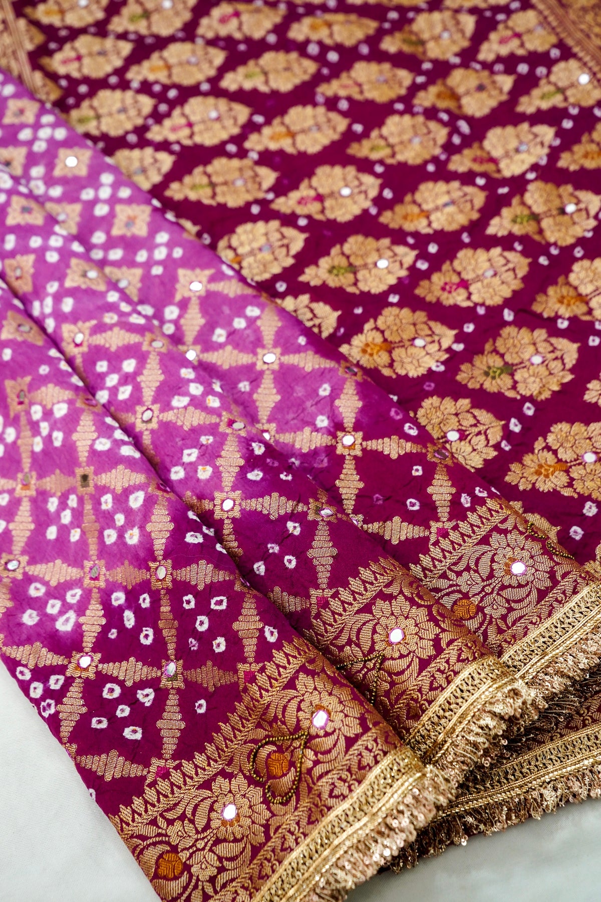 Dual Shade - Pink and Wine Bandhani Dupion Silk Saree
