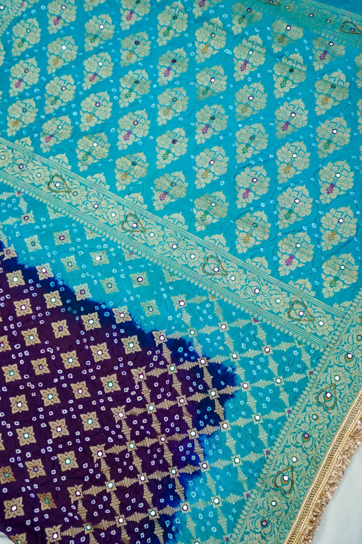 Dual Shade - Royal Blue and Turquoise Bandhani Dupion Silk Saree