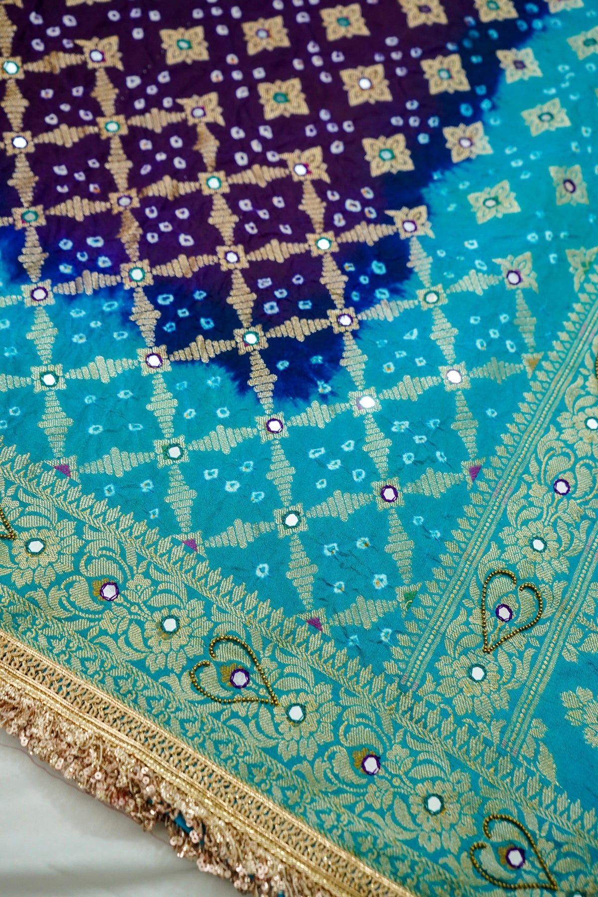 Dual Shade - Royal Blue and Turquoise Bandhani Dupion Silk Saree
