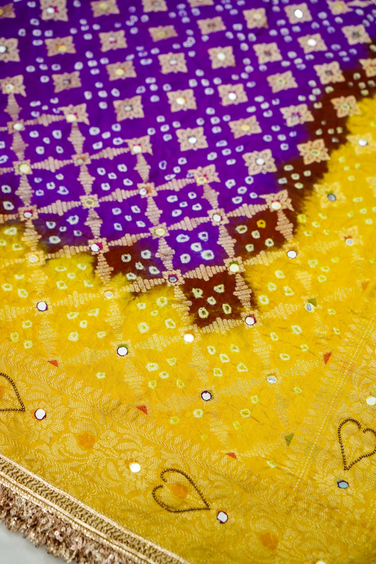 Dual Shade - Royal Purple & Mustard Yellow Bandhani Dupion Silk Saree