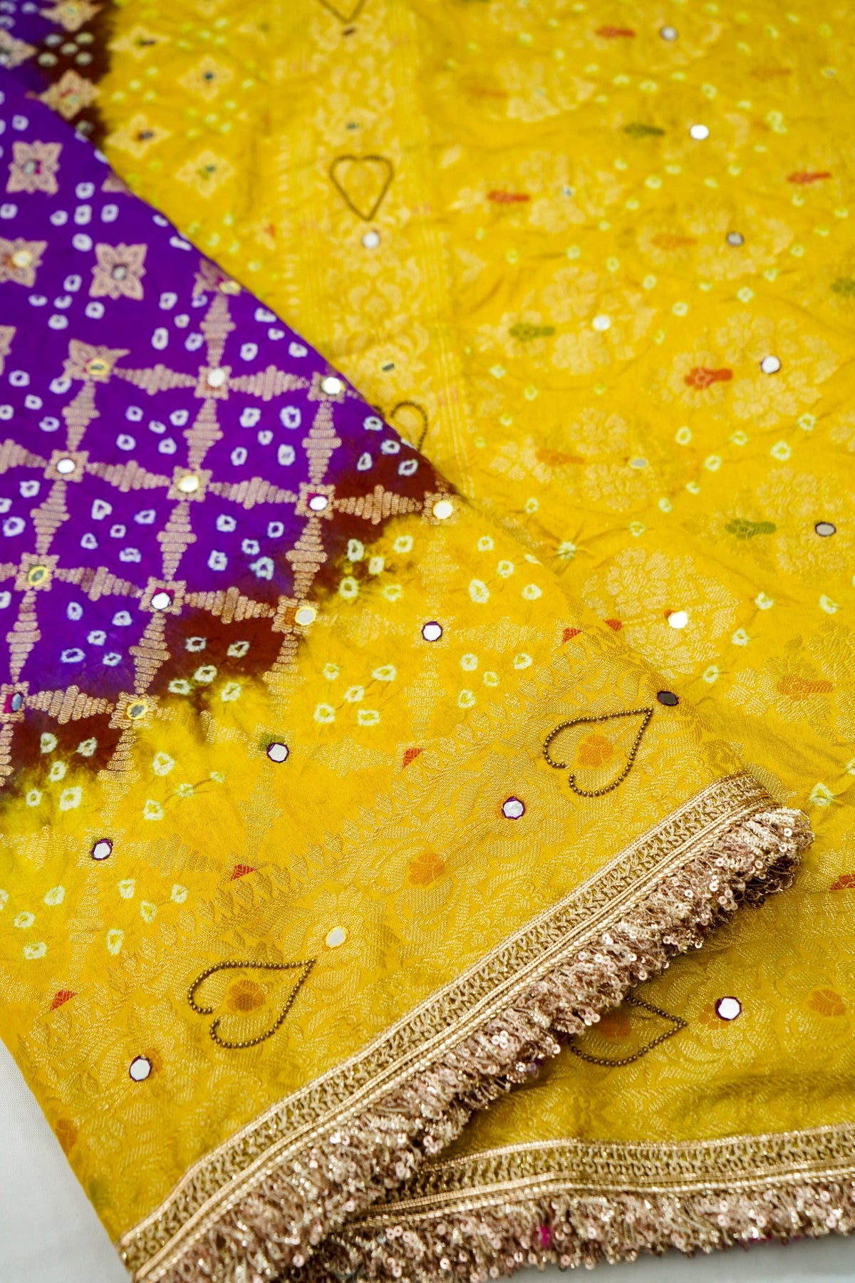 Dual Shade - Royal Purple & Mustard Yellow Bandhani Dupion Silk Saree