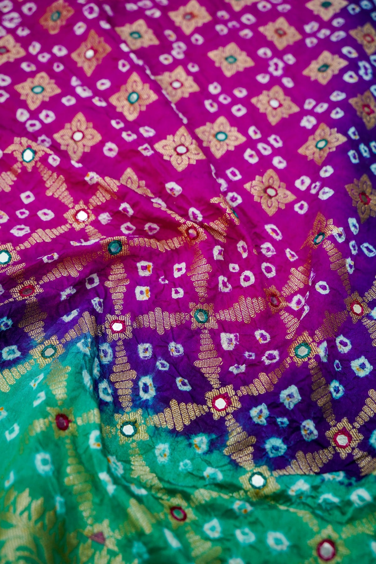 Dual Shade - Magenta and Sea Green Bandhani Dupion Silk Saree