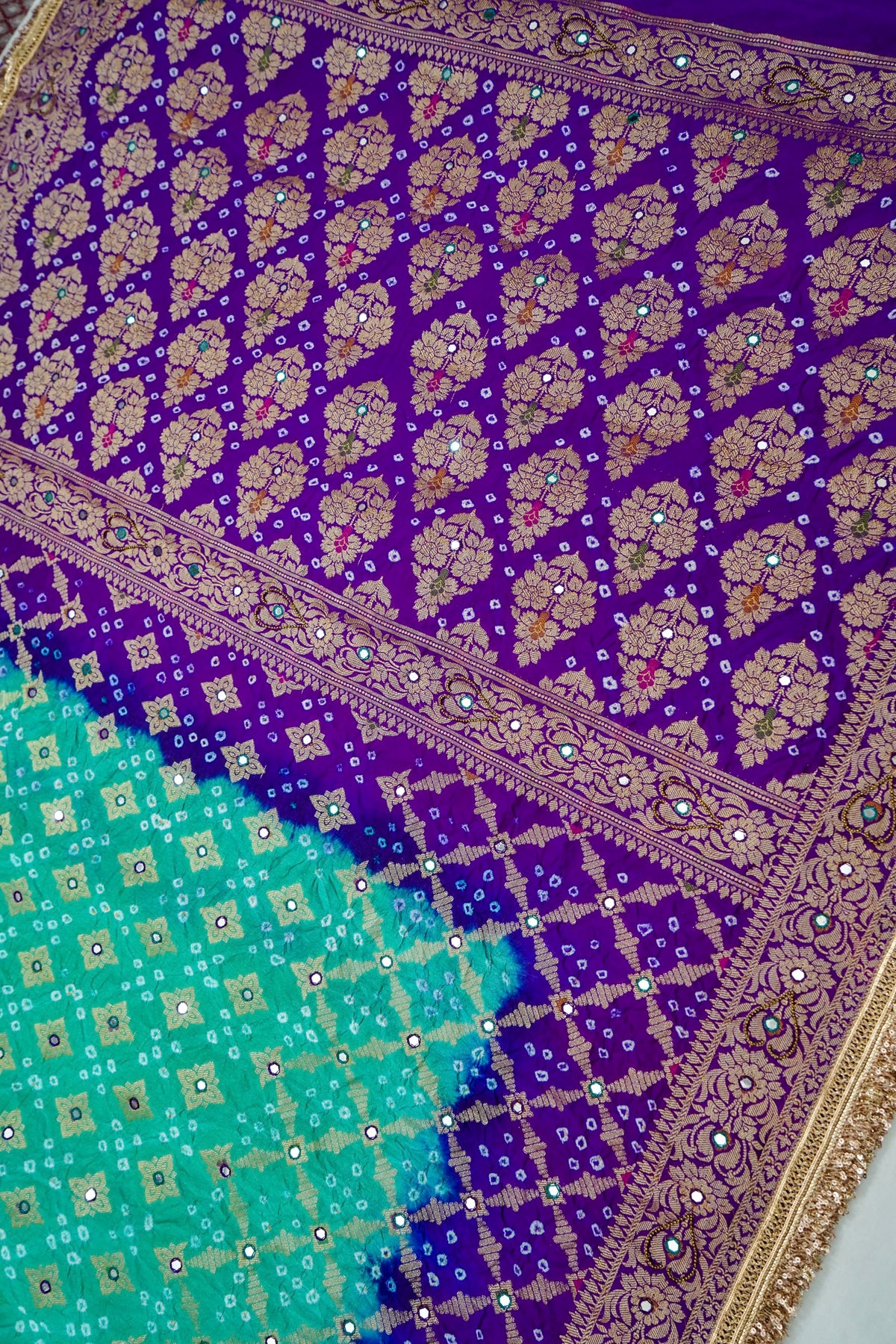 Dual Shade - Turquoise and Royal Purple Bandhani Dupion Silk Saree