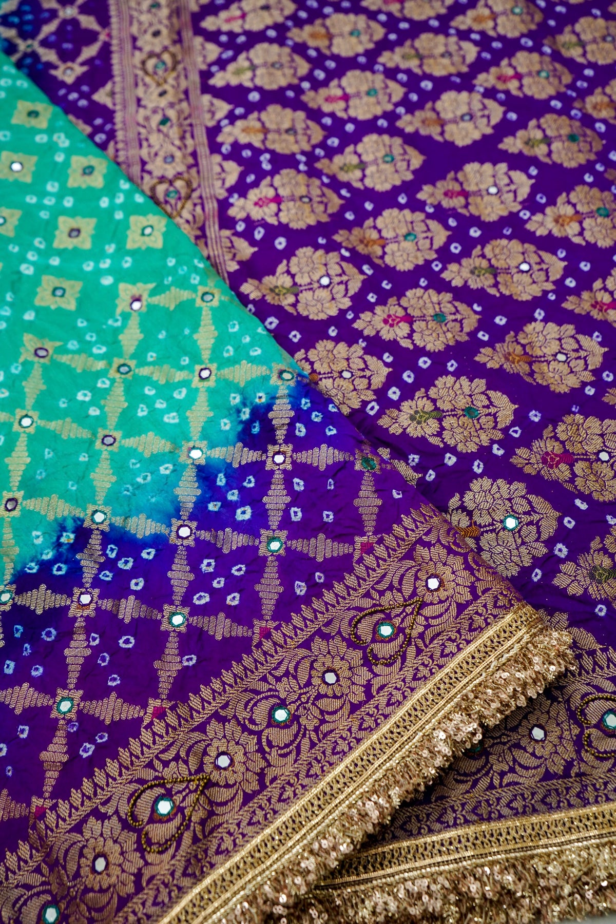 Dual Shade - Turquoise and Royal Purple Bandhani Dupion Silk Saree
