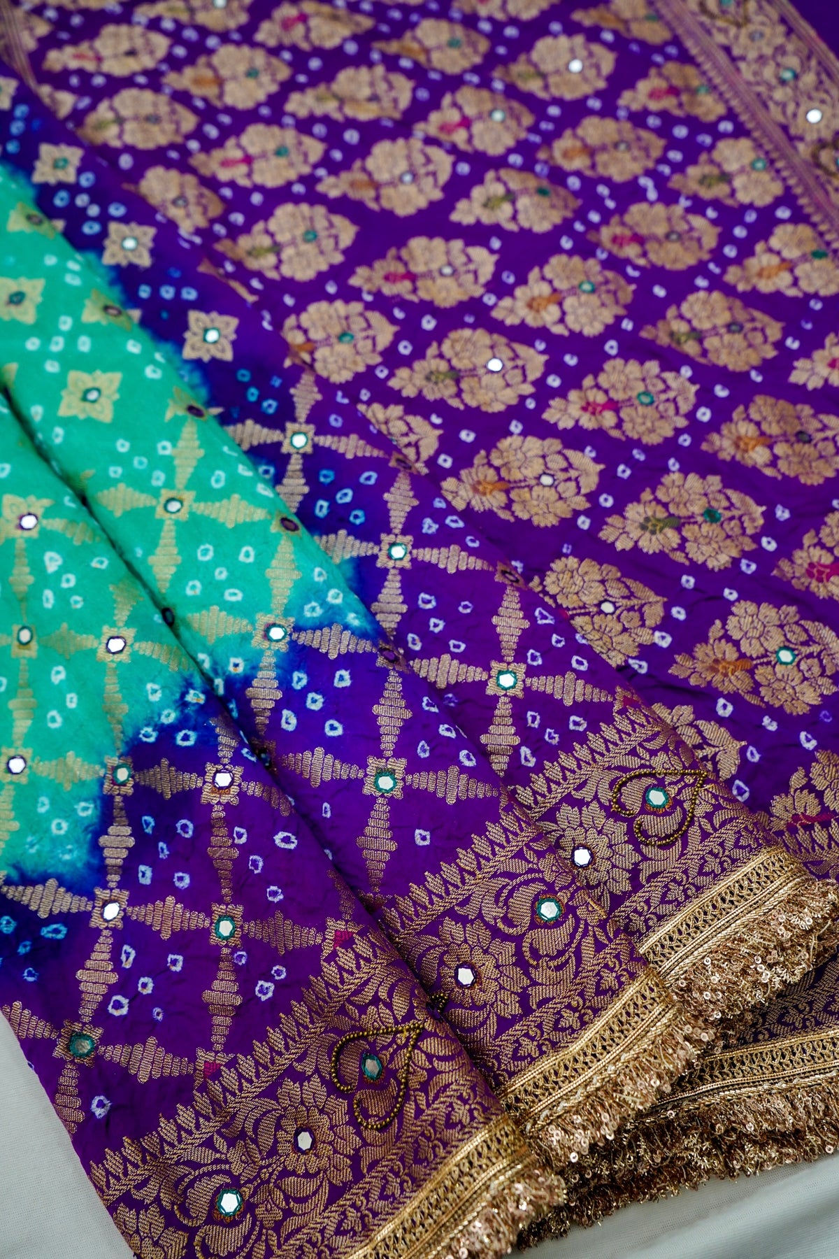 Dual Shade - Turquoise and Royal Purple Bandhani Dupion Silk Saree