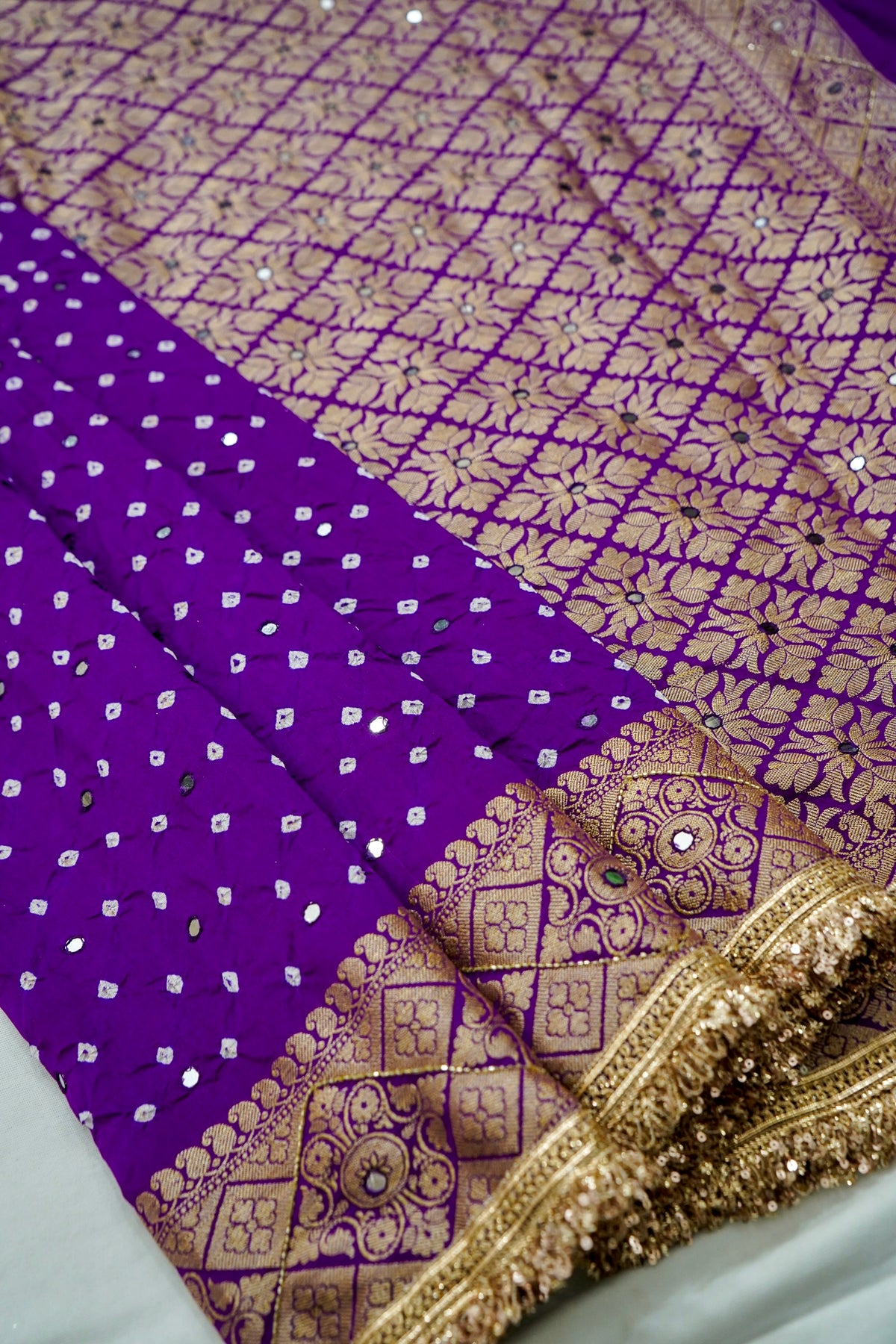 Royal Purple Bandhani Banarasi Dupion Silk Saree with Fringe Border