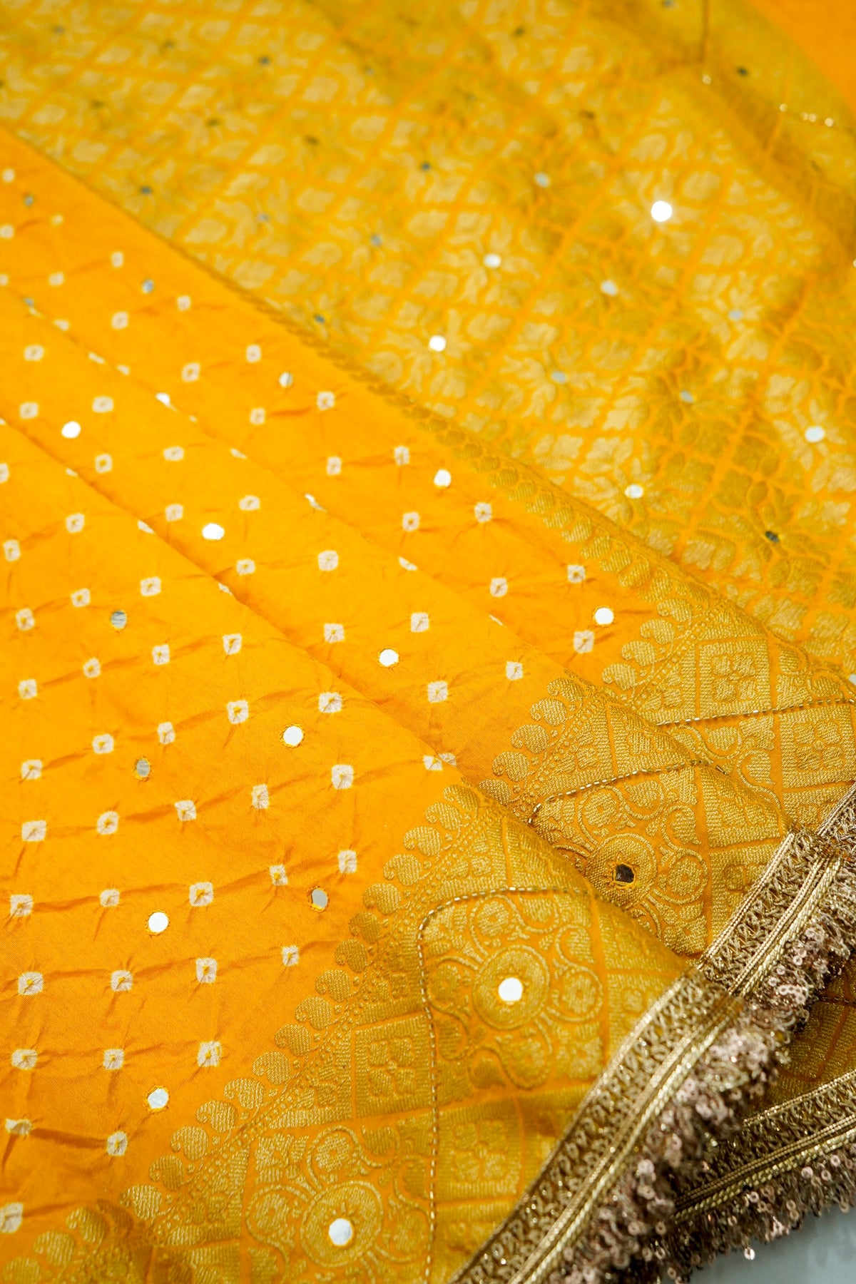 Sunshine Yellow Bandhani Banarasi Dupion Silk Saree with Fringe Border