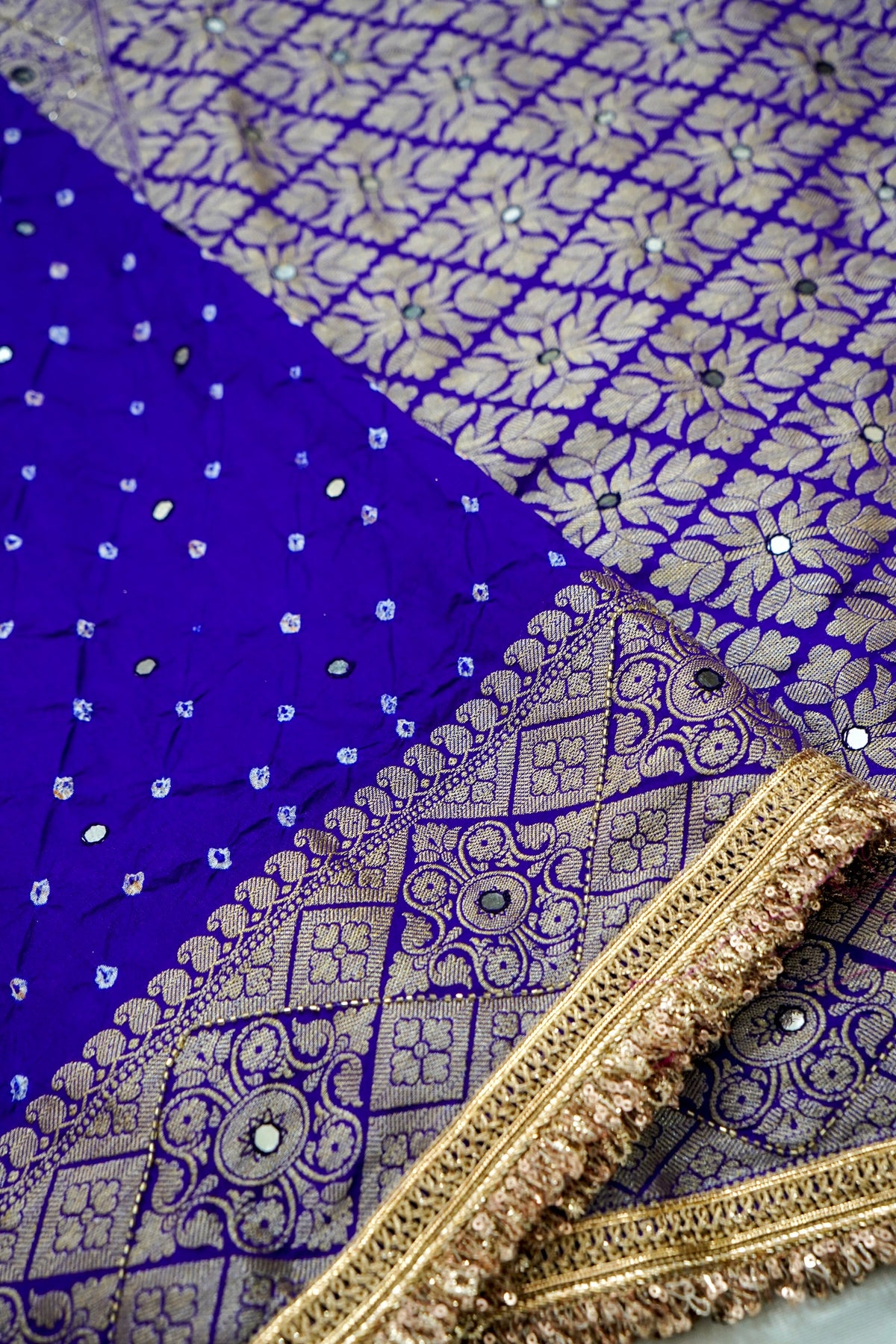 Cobalt Blue Bandhani Banarasi Dupion Silk Saree with Fringe Border