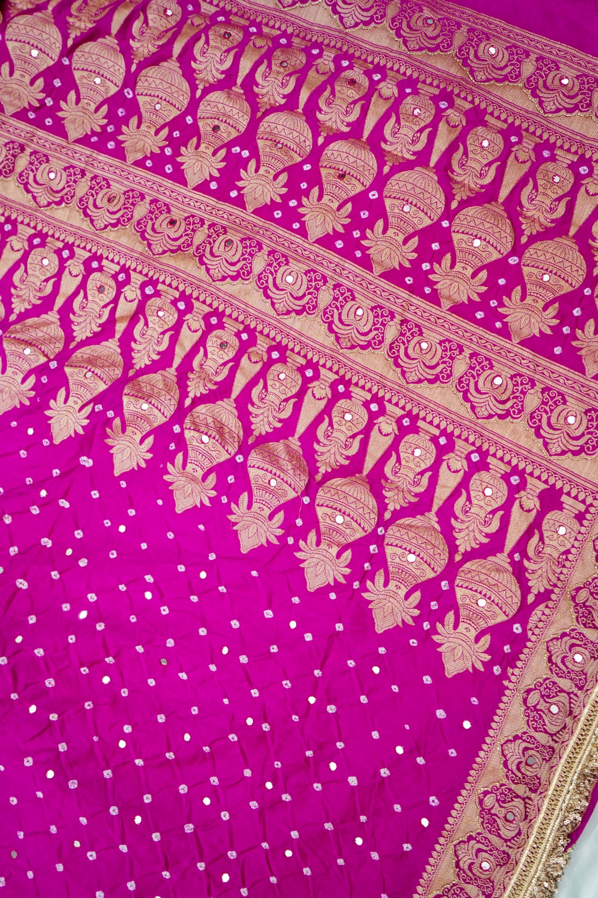 Kalash - Rani Pink Bandhani Dupion Silk Saree with Fringe Border