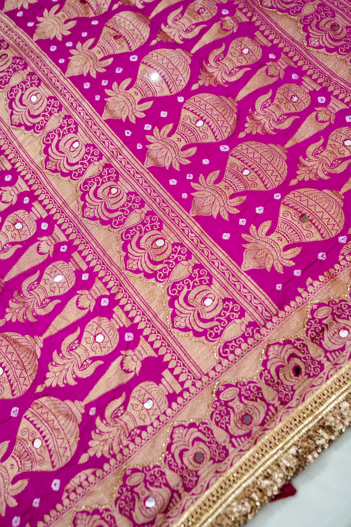 Kalash - Rani Pink Bandhani Dupion Silk Saree with Fringe Border