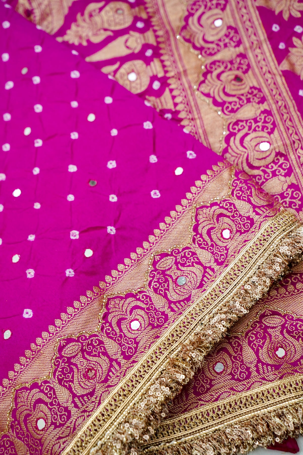 Kalash - Rani Pink Bandhani Dupion Silk Saree with Fringe Border