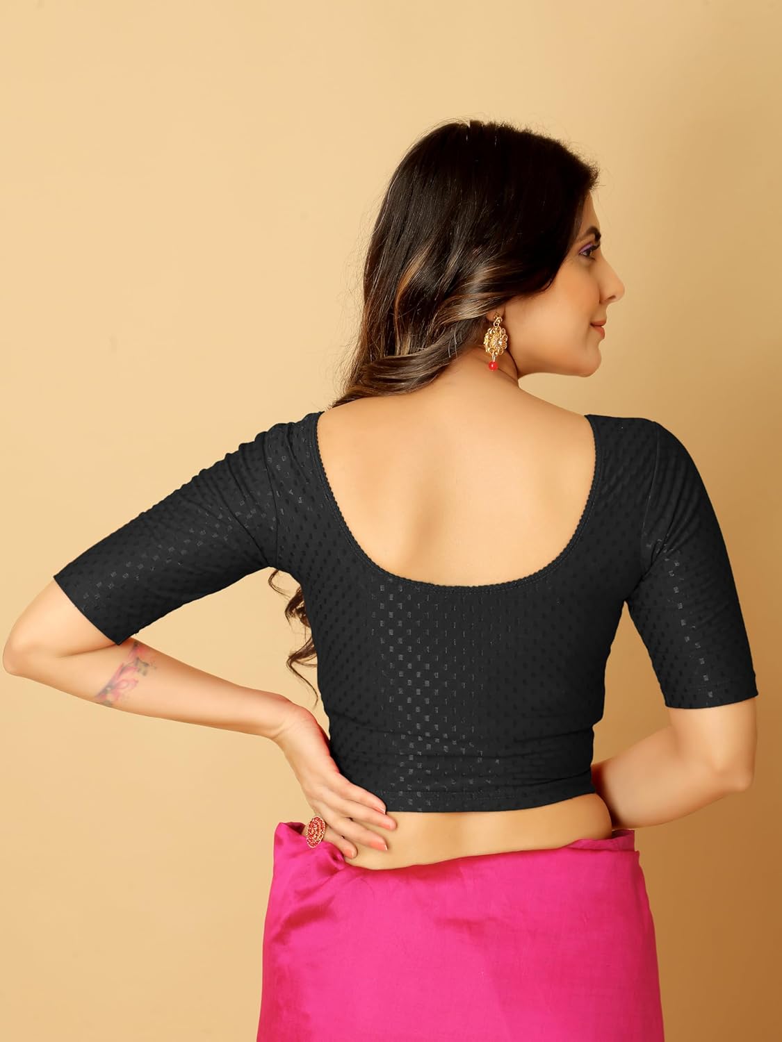 Stretchable Elbow Half Sleeve Blouse in Black